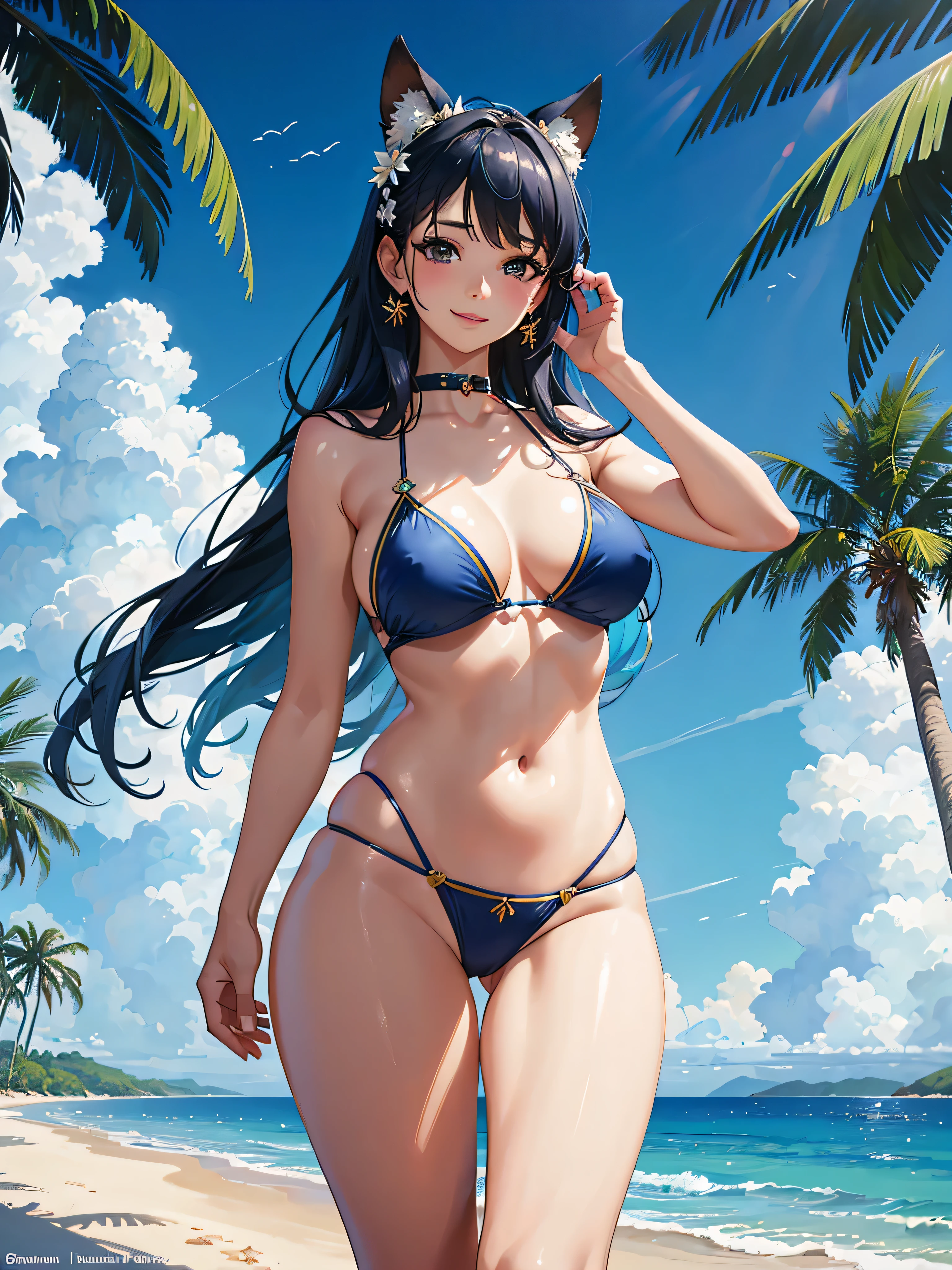 (best quality,4K,8k,high resolution,masterpiece:1.2),super detailed,(actual,lifelike,lifelike:1.37)bikini, Exquisite facial features, blue hair, Delicate eyes and lips, 海滩和sand滩, coconut tree, blue anime animal ears，Tall and fat,bright sunshine,sand,Distant waves，rough sea,feathered,Fresh sea breeze,Leisurely posture,confident smile,A dazzling surprise,Energetic的背景,eye - catching detail,happy angle,Energetic,Bold and stylish,Blue tones,subtle fade effect,Bright soft light,Skin texture is delicate and soft,rich color layers,Clever shadows,hand drawn style,Pleasant visual experience。