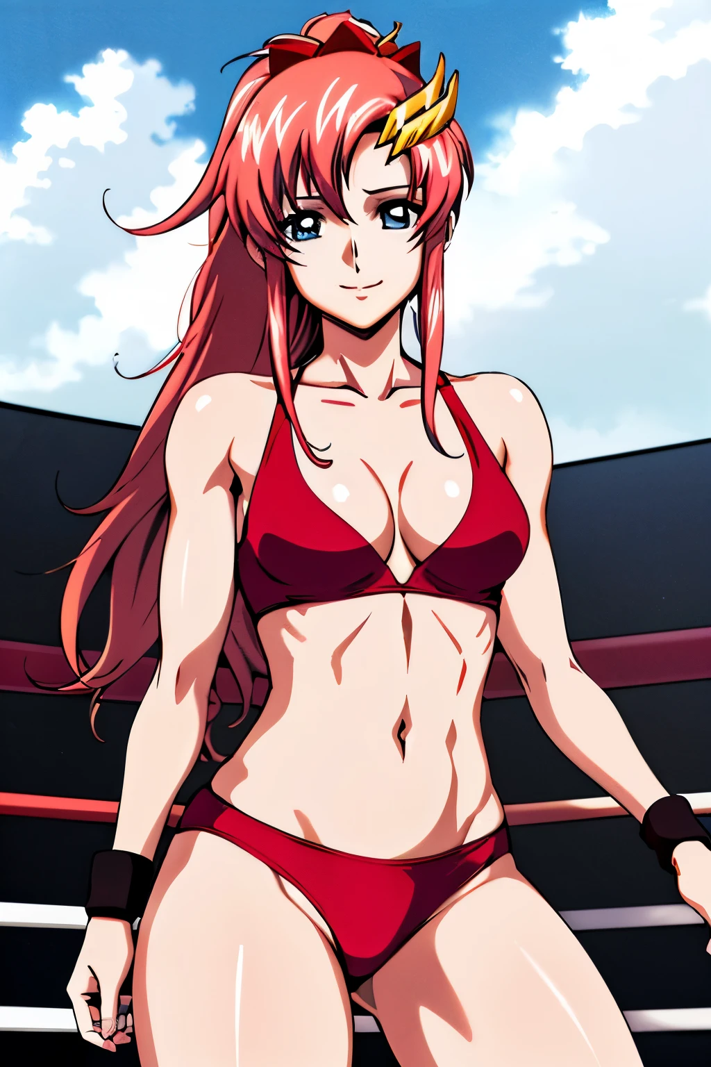 lacus4, (red bikini, groin lines, fat tummy, low ponytail), (masterpiece, cowboy shot, very slim shoulders, 4K, Best Quality, Anime style: 1.9, happy, Adult Woman, (ultra detailed head), (wrestling ring with crowd, cloud background), Drawing lines, high resolution, lacus4), 1girl, Solo, curvy figure, Long hair, 鎖骨, scapular, (Detailed wide hair bangs, Hair Ornament, Detailed reddish-pink hair, shiny streaks, slim arms, detailed golden crest), cleavage, large hands, (hair cover shoulders). (Big blue eyes, shiny eyes), ((female wrestler, (slim body), little biceps, slim arms, closed fists, thighs)), ((perfect proportions, medium breasts, long belly)), ((totally red bra, neck band, bracelets))), smile, (standing, hot colors), detailed fingers, (bare shoulders)