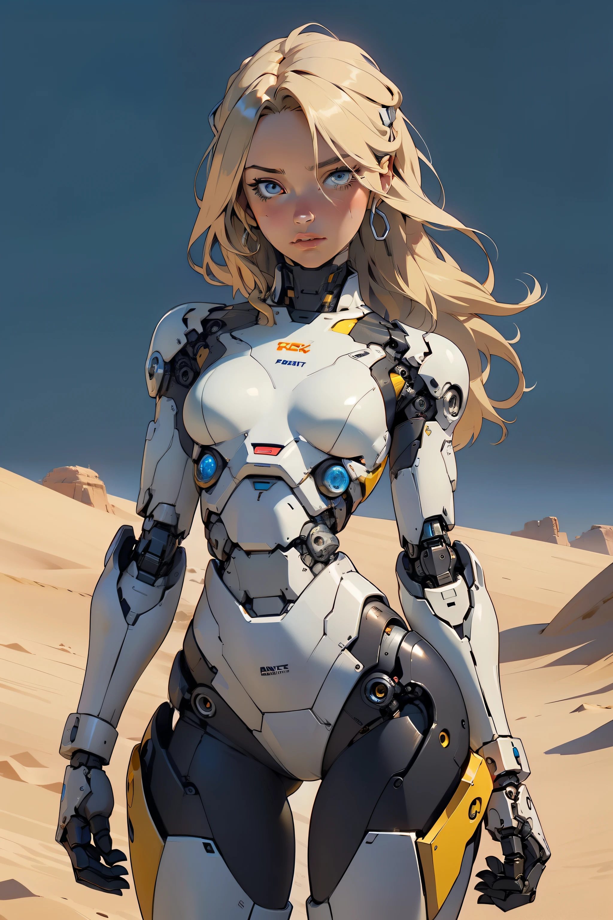 high quality, 4k, masterpiece, beautiful, cyborg girl, cowboy shot, dull eyes, looking at viewer, long blonde hair, girl, small breasts, slim thighs, robotic arms, robotic body, cyborg body, yellow accent, intricate detail, joint, detailed lines, robotic detail, holding fist up, holding hand up as fist, color robotic parts, robotic parts with color, perfect fingers, on a desert planet, sunny background, colorful desert,