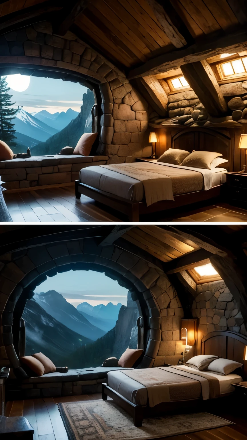 This room depicts a hobbit's cave with a cozy reading corner, a bed, and a fireplace. The large round windows offer views of the mountains at night. There is a natural rock texture on the ceiling and walls. The acoustic guitar is on the bed. Moonlight shines through the skylight.