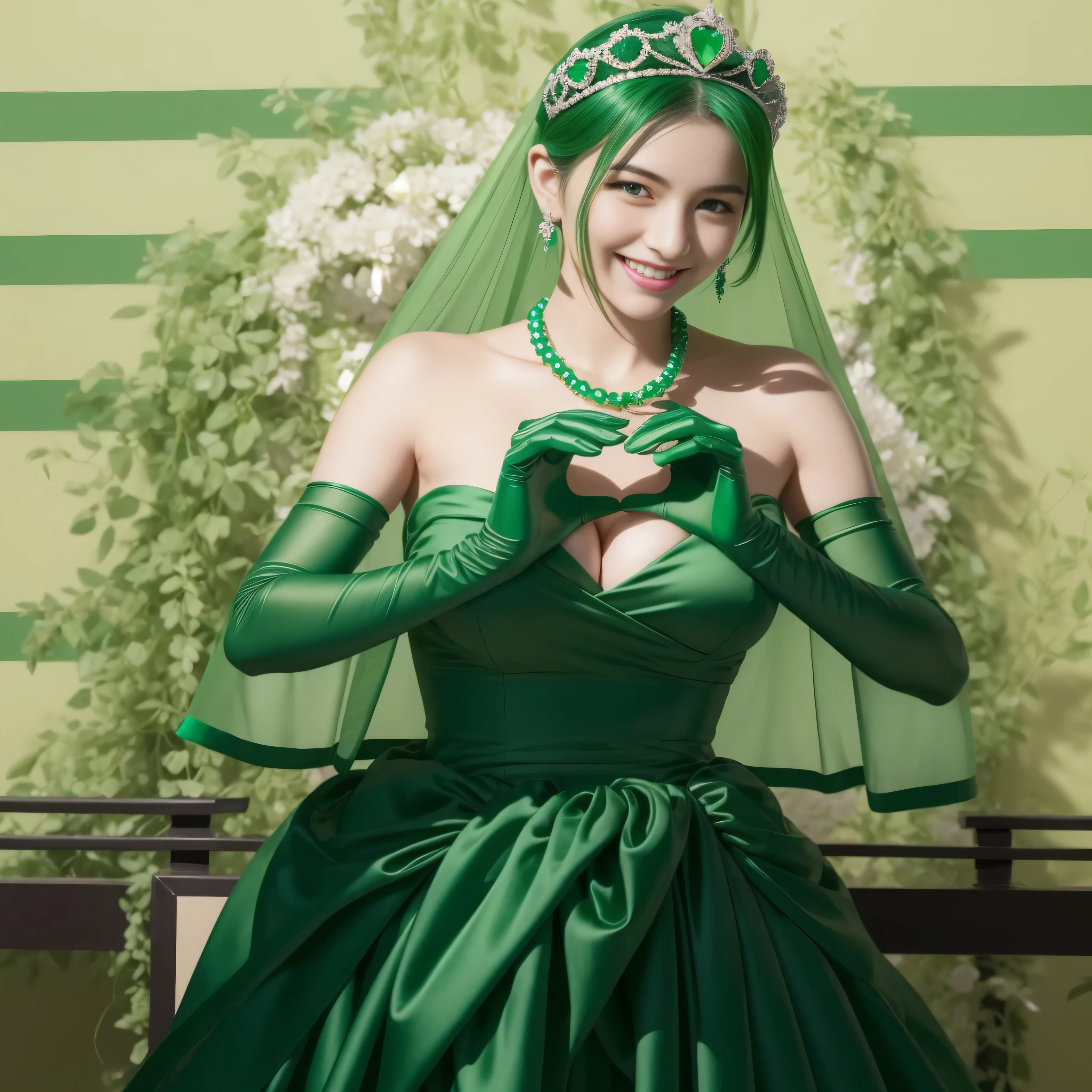 (highest quality,Super detailed,realistic),Green-haired Japanese woman with boyish berry short hairstyle, beautiful detailed green eyes, beautiful detailed lips, Beauty with large breasts, Wearing an emerald tiara, green pearl necklace, and emerald earrings, Apply lipstick with a smile on her face. She holds a heart-shaped object in both hands. She wears a long green satin gown and long green gloves. Artwork must be in vivid colors, sharp focus, and realistic lighting effects.