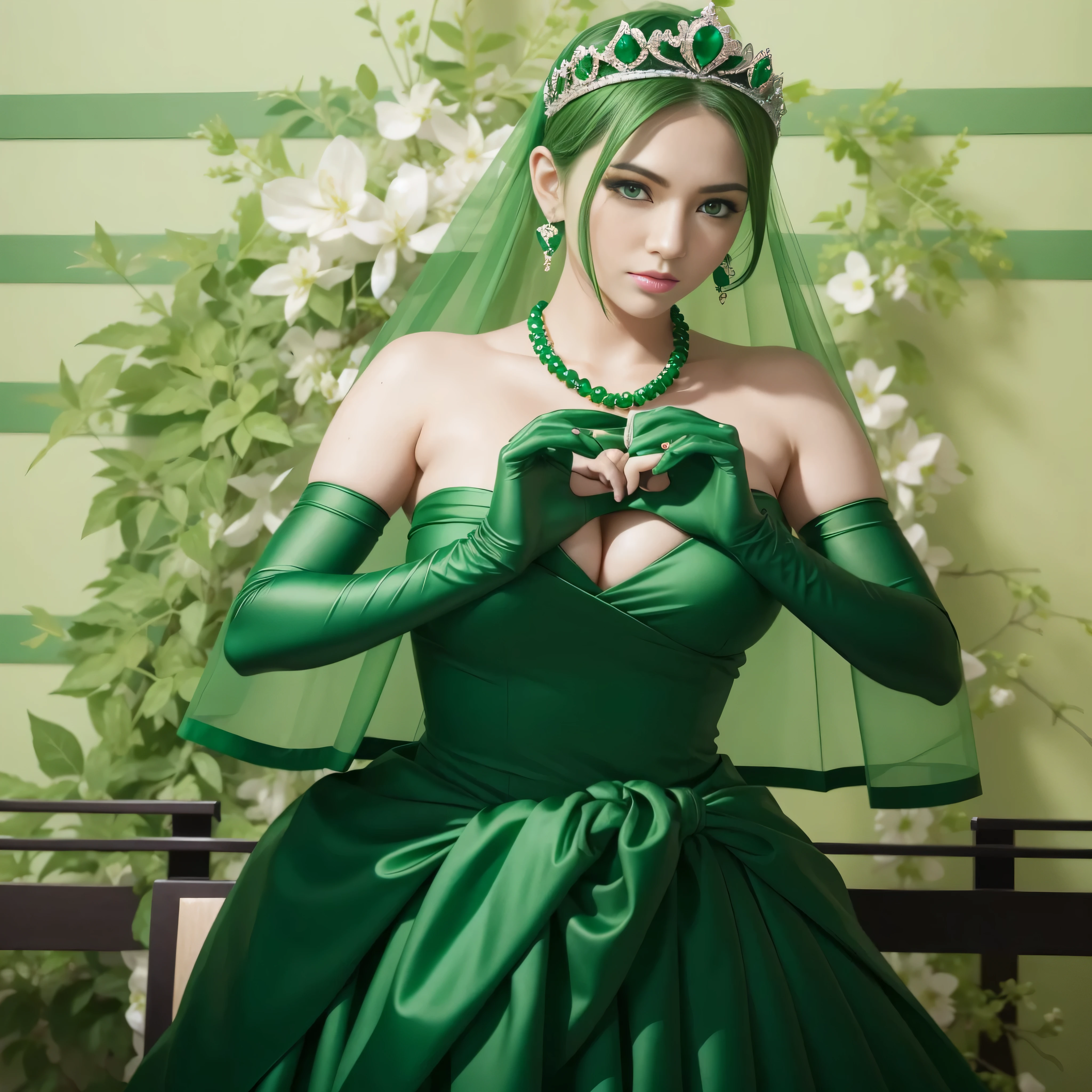 emerald tiara, green pearl necklace, ボーイッシュな非常に短いgreen hair, lipstick, green eyesの笑顔の30代女性, very short hair, Beauty with large , green eyes, Long Green Satin Gloves, green eyes, emerald earrings, green veil, heart with both hands, green hair, green eyesの30代美人女性, heart shaped hand:1.3
