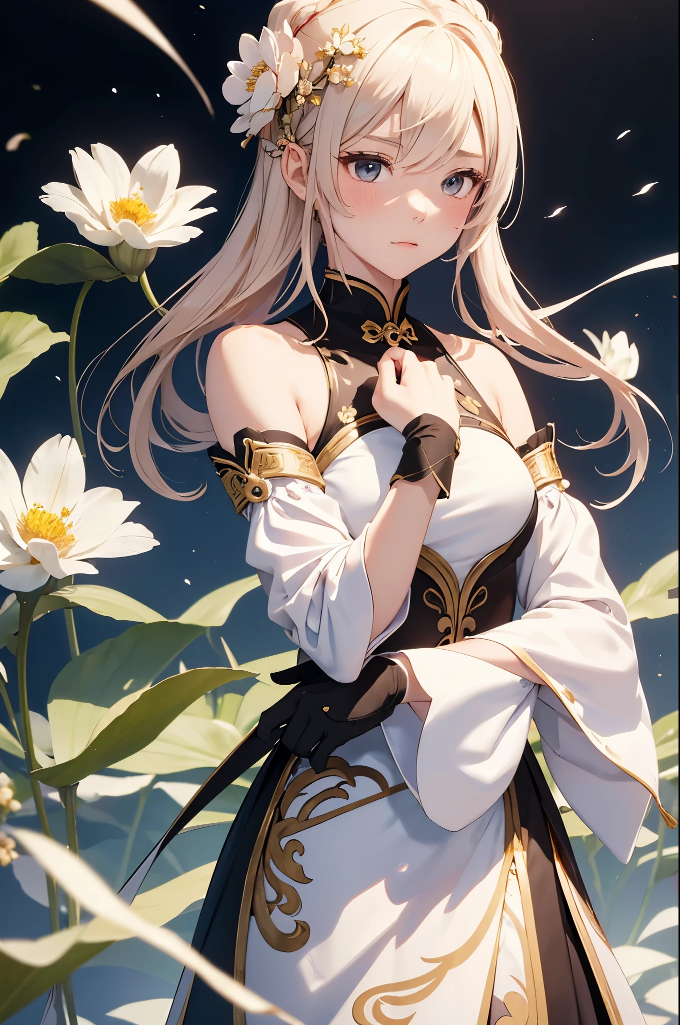 masterpiece,best quality,1girl, ganyu \(genshin impact\), solo, qingxin flower, detached sleeves, blush, looking at viewer, bare shoulders, white flower, white sleeves, neck bell, black gloves, gold trim, vision \(genshin impact\), flower knot, chinese knot, holding flower, upper body, white background, flying sweatdrops