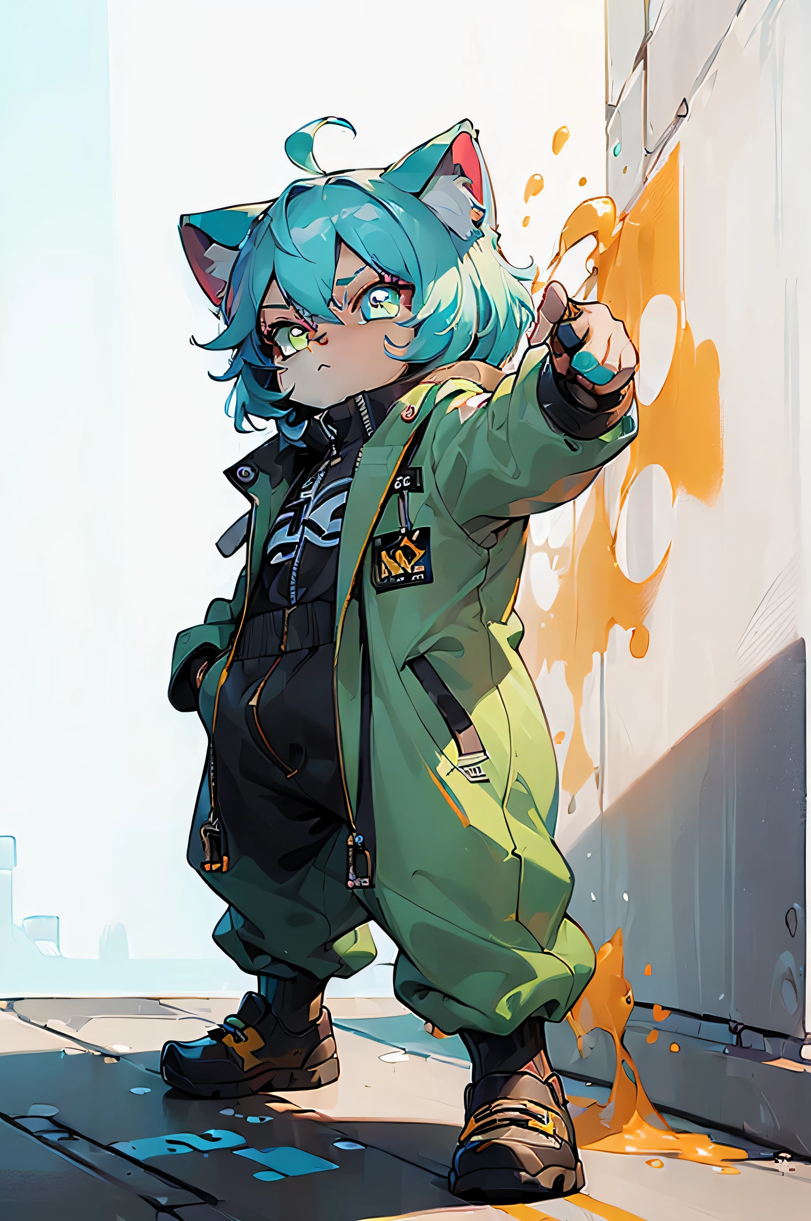 (Top Quality, Masterpiece, Ultra High Definition, High Definition, High Definition: 1.5), A cat is spray painting on an exterior wall, character, background Colorful spray art, spray artist, spray art, wearing a jumpsuit and holding a spray, have a paint roller, neon colors,