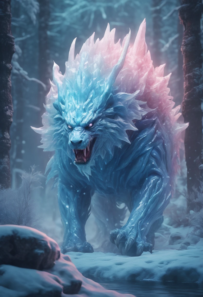 Legendary fantasy Creature, Creature made of ice, mythology, Magical Creature, character concept art, fairyland, surreal epic scene, bright and saturated colors, Ethereal atmosphere, fairy tales, (best quality, masterpiece, Ultra high detail, 8k)