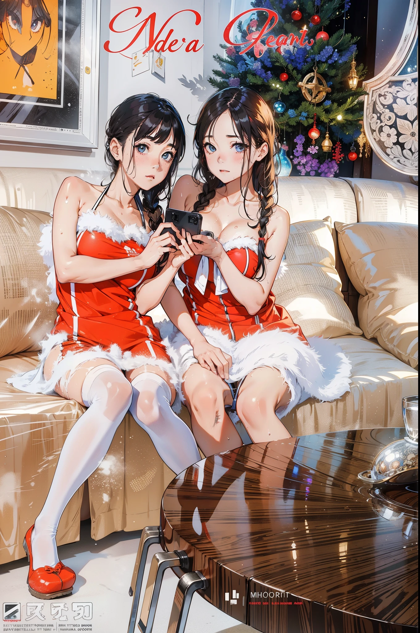 Red Sexy Christmas Outfit, Santa Hat, Snow, Highly Detailed, High Quality