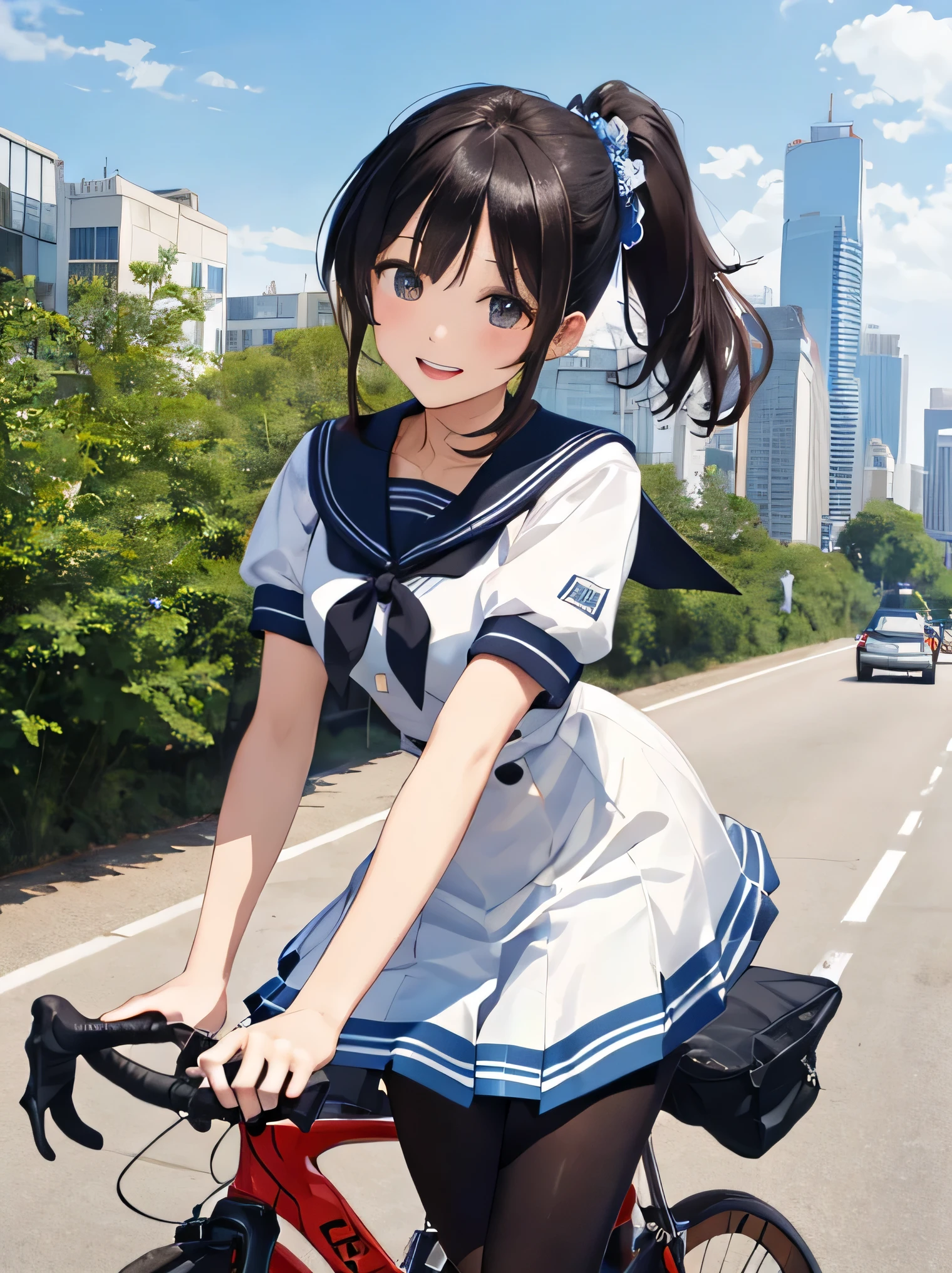 (8K、RAW photo、highest quality)、detailed background、beautiful and detailed face、beautiful and smooth skin、skin texture、professional lighting、Cute beautiful Iful Girl、Cute character wearing a sailor suit.、
The costume is an elegant dress with a sailor collar and ribbon..、Sexy Pantyhose、Cute Ponytail、
Ride around town on a road bike、You can achieve speed even in the city.、You can also enjoy the view of the city..。skyscrapers and beautiful architecture、Park and riverside scenery、Enjoy the charm of the city while driving.。