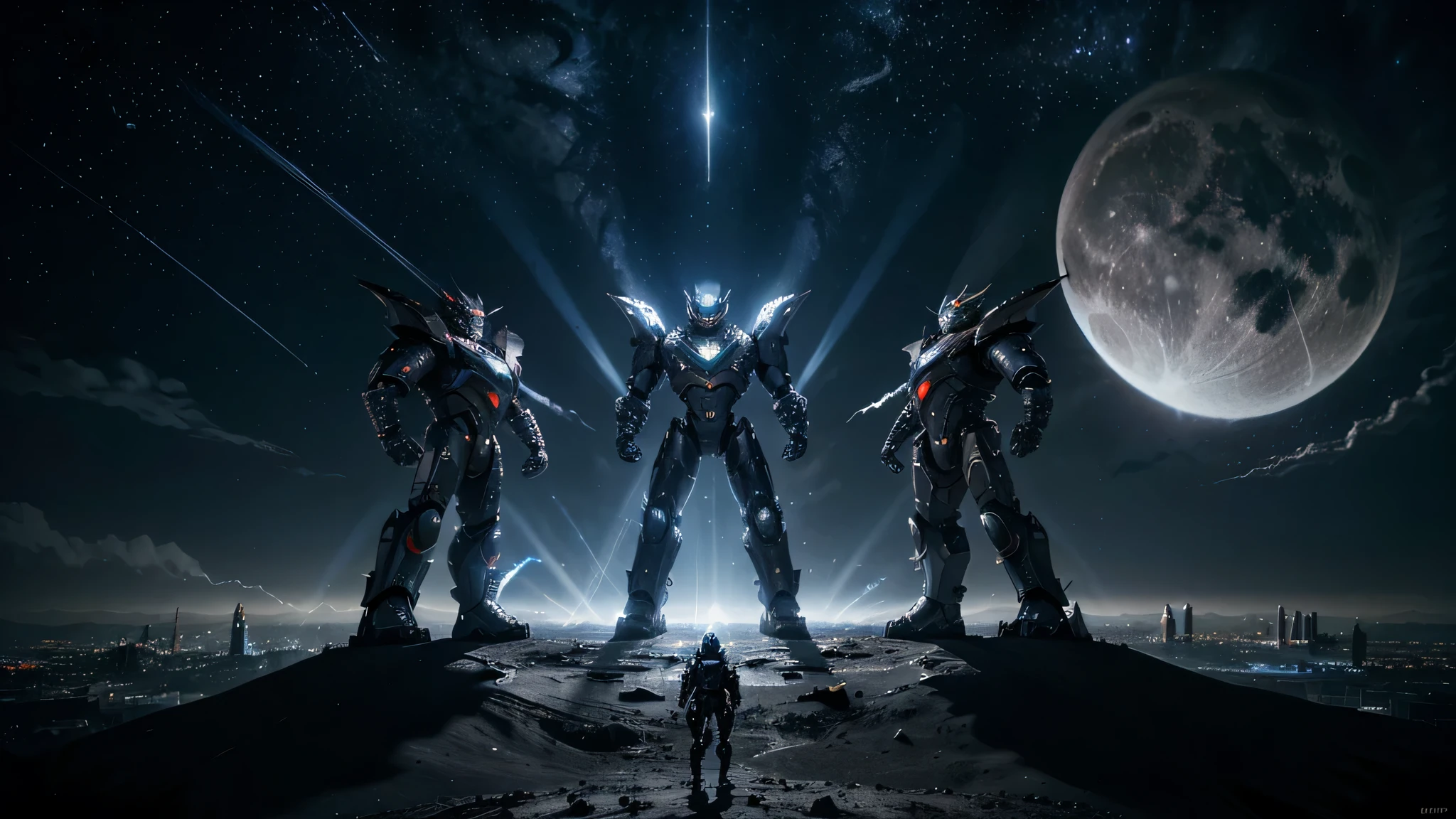 (The combat mech is huge., Realistic, Realistic, Fully visible on front and back, Lots of specific details, Very three-dimensional: 1.2, Can travel to space, Design style, The color combination is amazing, The cab details are perfectly displayed, The background is a galaxy in space)