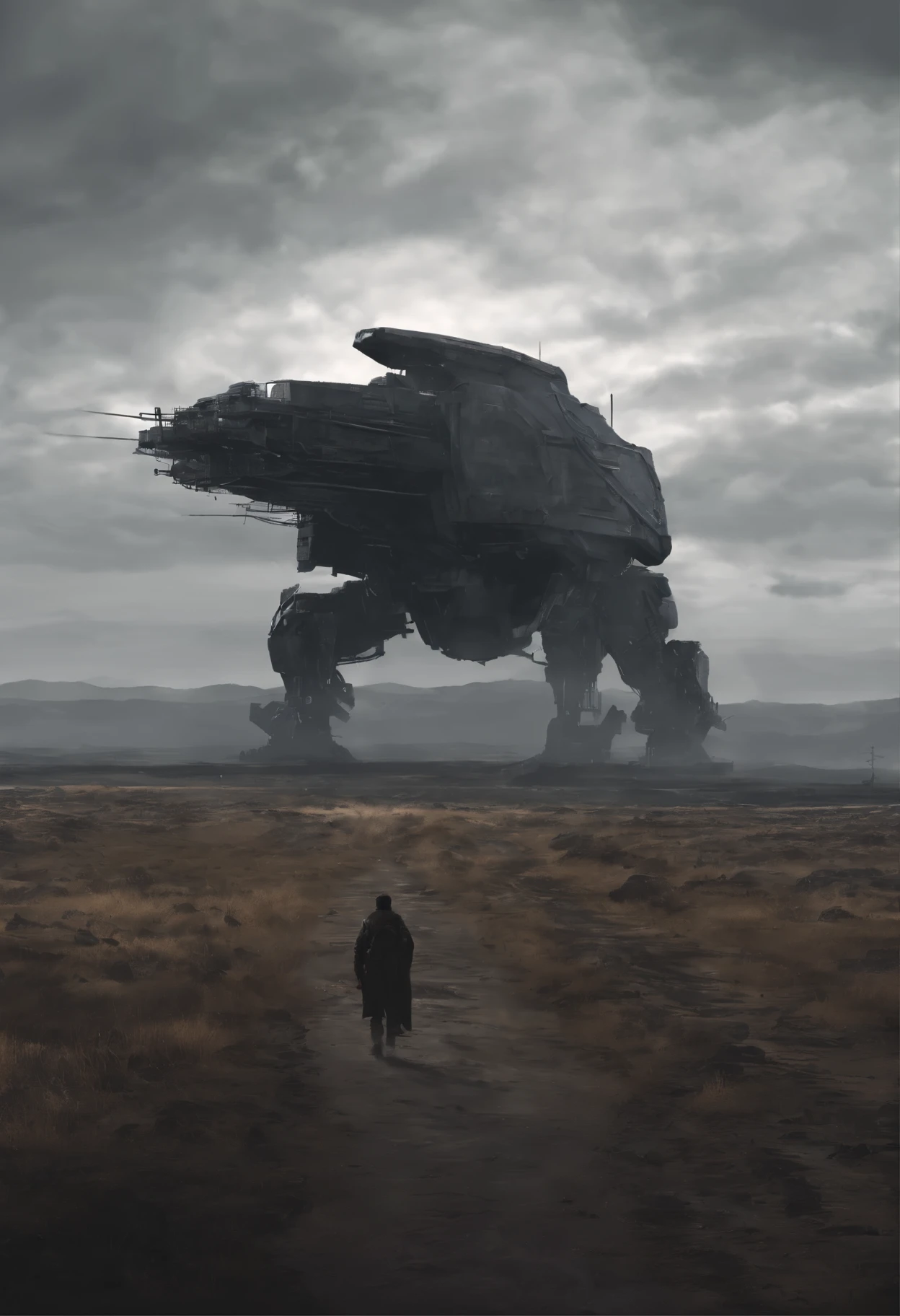 Gigantic creature walking across a plain in the distance, niebla, neblina, nubes oscuras, oscuro ,supense, monstruo, Sobrenatural, render octano, Motor irreal, fotorrealista, hiperrealismo, muy detallado, alta calidad, Intrinsically detailed,volumetric lighting, full character, 4k, ,disco duro ,Full HD, 8k, RTX, high resolution, Sombras detalladas, incredibly detailed, perfecto, Dramatic scale