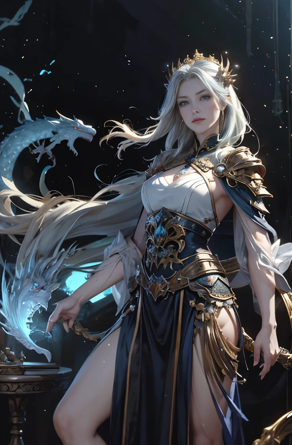 ((Best Quality)), ((Masterpiece)), (Details: 1.4), 3D, Bust, ((Facing Square)), (Body Facing Viewer), A Beautiful Cyberpunk Female Figure, ((Small Breast, Small Head)), ((Bust Photo)), (Upper Body), (Perfect Body: 1.1), (Perfect Face), (Perfect Eyes), (Perfect Fingers), (Short Hair: 1.2), (One-Piece Tights), Golden Hair, Collar, (Glove), Chains, In the distant future, the boundaries between science fiction and fantasy have disappeared, and the world is an awesome tapestry of wonder. Enter a universe where magic and technology coexist in harmony and shape the fate of civilization in the vast expanse of space. At the heart of this field is celestial relations, an interstellar center of mysterious energy and technological wonders. Here, arcane knowledge is intertwined with cutting-edge science, giving birth to a society where spaceships are filled with the power of ancient spells, while occult art enhances technology. As a young explorer, embark on a grand adventure destined to unlock the secrets of the celestial bond. As you travel through the uncharted realms of the universe, encounter various civilizations full of creatures with extraordinary abilities. From the ethereal spire of the elves, where the art of traveling across dimensions is perfected, to the cybernetic enclave of the Android Group, witness the tapestry of life where magic and technology intertwine. Unleash your latent power as you adapt to the energy flowing through the Nexus. Take advantage of the ancient spells of forgotten witchcraft to propel your starship through the vast universe. Engage in epic battles against Cosmic Abomination and Intergalactic Tyrants, wielding enchanted weapons infused with future enhancements. Uncover the origins of this harmonious blend of magic and technology as you delve into the mysterious realm of celestial relationships. Discover ancient prophecies that foreshadow catastrophic events that could upset this delicate balance. Unite with a group of extraordinary creatures