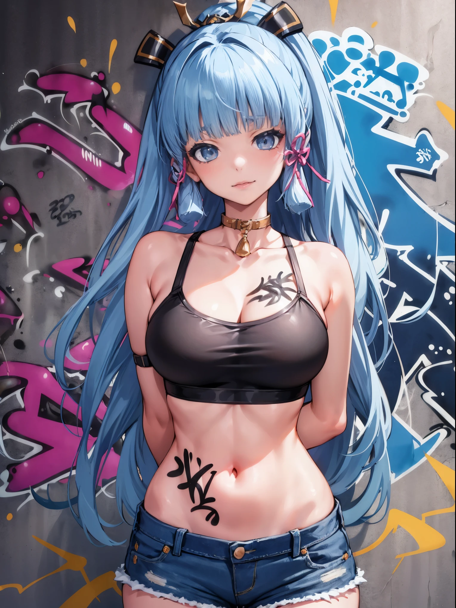 Ayaka Kamisato|Genshin Impact, masterpiece, best quality, 1 girl,25 years old, Oversized breasts, crop top, Denim shorts, Oversized breasts, ,only, crop top, Denim shorts, collar, (Graffiti:1.5), Splash with purple lightning pattern., arms behind back, against the wall, Viewing the audience from the front., thigh strap, head tilt, boring, Aqua Eye,