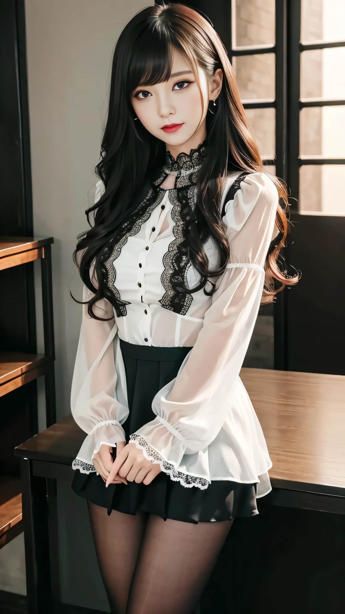 ((((Odango Hair))))、piercings, shirt with collar, Long bangs、(((Inside a cool clothing store)))、(tmasterpiece, top-quality, in 8K、32K、masterpiece, nffsw, ultra gigantic 、超A high resolution、Impresionismo、Photorealsitic:1.2)、cowboy shot, sharp focus, Beautiful face with detailed face and eyelid background, blue open sky, shinny skin, Sharp pupils, Realistic eyes and beautiful face, blurry background, 18 year old beautiful girl, (((bright and beautiful hair)))、Black eyes、(((puff sleeve lace blouse)))、(Knee-length skirt)、(Very small(blanche)I see scanti:1.45)、thighs thighs thighs thighs, Curve, Dynamic Poses, Powerful composition、((Melancholy look))、((A look of contempt))、Sweating、((pink beige hair color))、Lace panties、((Sauce order))、lofty nose、(small mouth)、skirt rift、((Grabbing the skirt))、stockings, Pubic hair is visible, store clerk、(Wearing a name tag)