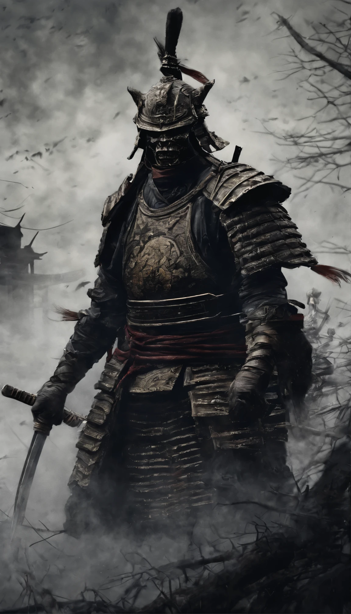 (Mejor calidad,4k,8k,A high resolution,obra maestra:1.2),ultra detallado,Realista:1.37,Samurai from the Sengoku period of Japan,Wears full samurai armor,Black samurai mask,Sosteniendo una katana afilada,A strong feeling of oppression,Ojos rojos brillantes