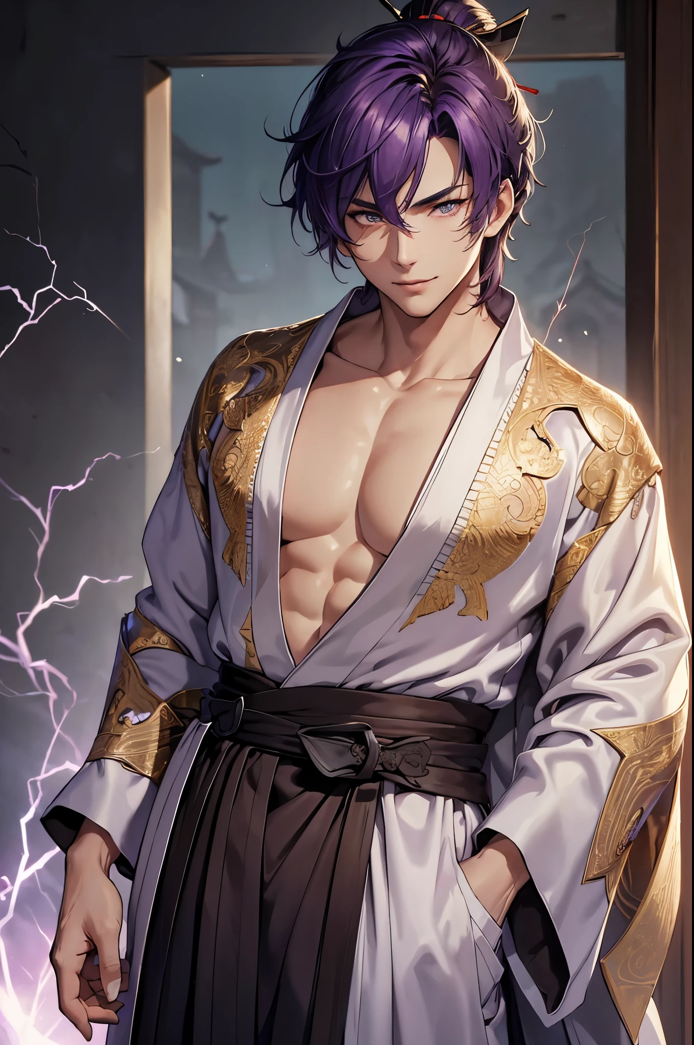 (masterpiece, Best Quality, absurdres, 4K, 8K, 16K, high resolution, HD wallpaper, HDR, absurdres, highres, ultra detailed), ((Solo Boy)), Handsome, Seductive smile, libido boy, purple hair, (Detailed eyes, perfect pupils, finely eye and detailed face), (fractal art: 1.2, lightning sparks), (((samurai clothes, silk robe, intricate design))), cowboy shot, looking at viewer, upper body, tall, muscular