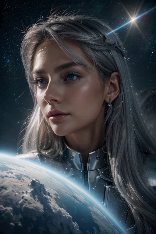 ((tmasterpiece,best qualtiy)),Beautiful 8K Ultra HD professional photos, Sharp focus, In a stunning fantasy world, silver-haired angelic being,coming from heaven,Endless space,ssee-through,depth of fields,Magnificent space image scene,