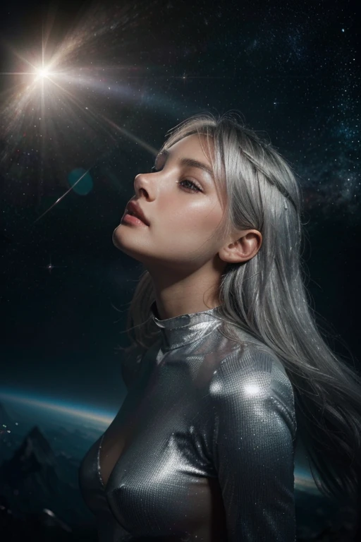 （（tmasterpiece，best qualtiy）），Beautiful 8K Ultra HD professional photos, Sharp focus, In a stunning fantasy world,  silver-haired angelic being，coming from heaven，Endless space，ssee-through，depth of fields，Magnificent space image scene，
