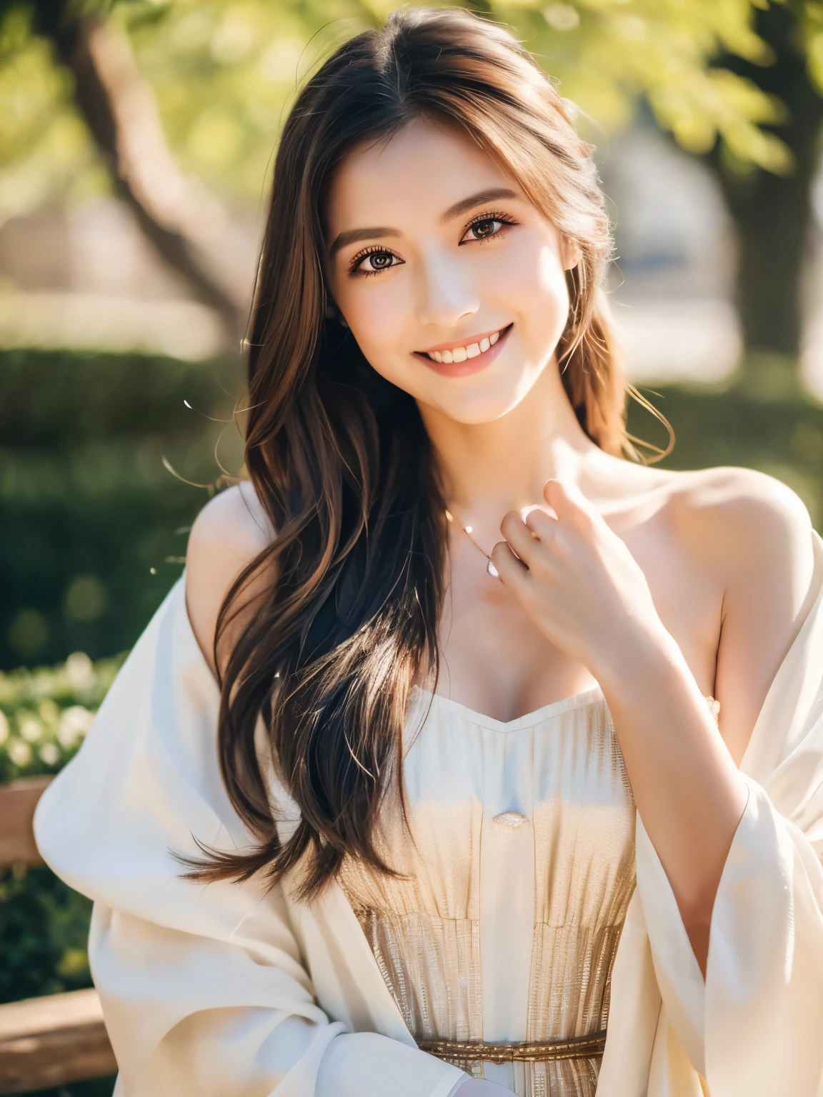 ((Beautiful girl:1.3)) Highest quality,masterpiece,Ultra-high resolution,(Realistic:1.4),RAW Photos,(Real skin texture:1.3),(Film Grain:1.3),Panorama,Portraits,Very wide shot,Tight waist,Cowboy Shot,(In the Dark, Deep Shadow, Modest, Cold Light,) night,(()),Tears flow,,Dust,Tyndall effect,(Performance),One person,Beautiful and detailed eyes and face,White Jabot,Brown eyes,((Brown Hair:1.2)) ((whole body:1.3)) ((smile:1.3))((Super long brown hair:1.2)),((Hair with loose waves inside:1.2)),((gold necklace_Large earrings:1.2)),((shy smile:1.3)),((mideum breasts:1.3)),((wearing navy mini dress_bottan up mini dress_long sleeves_with white collar_with white cuffs:1.3)),((full body portrait:1.4)),((Sits on a bar chair In a crowded café at dusk:1.3))