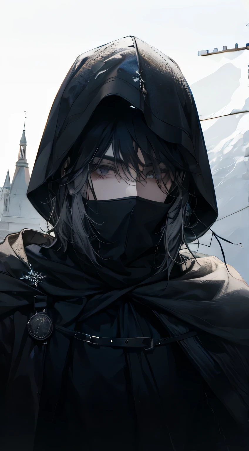 (best quality) (1 male), adult, (black hair with gray streaks), (gray eyes), hood on head, medieval theme, (dark mage), winter