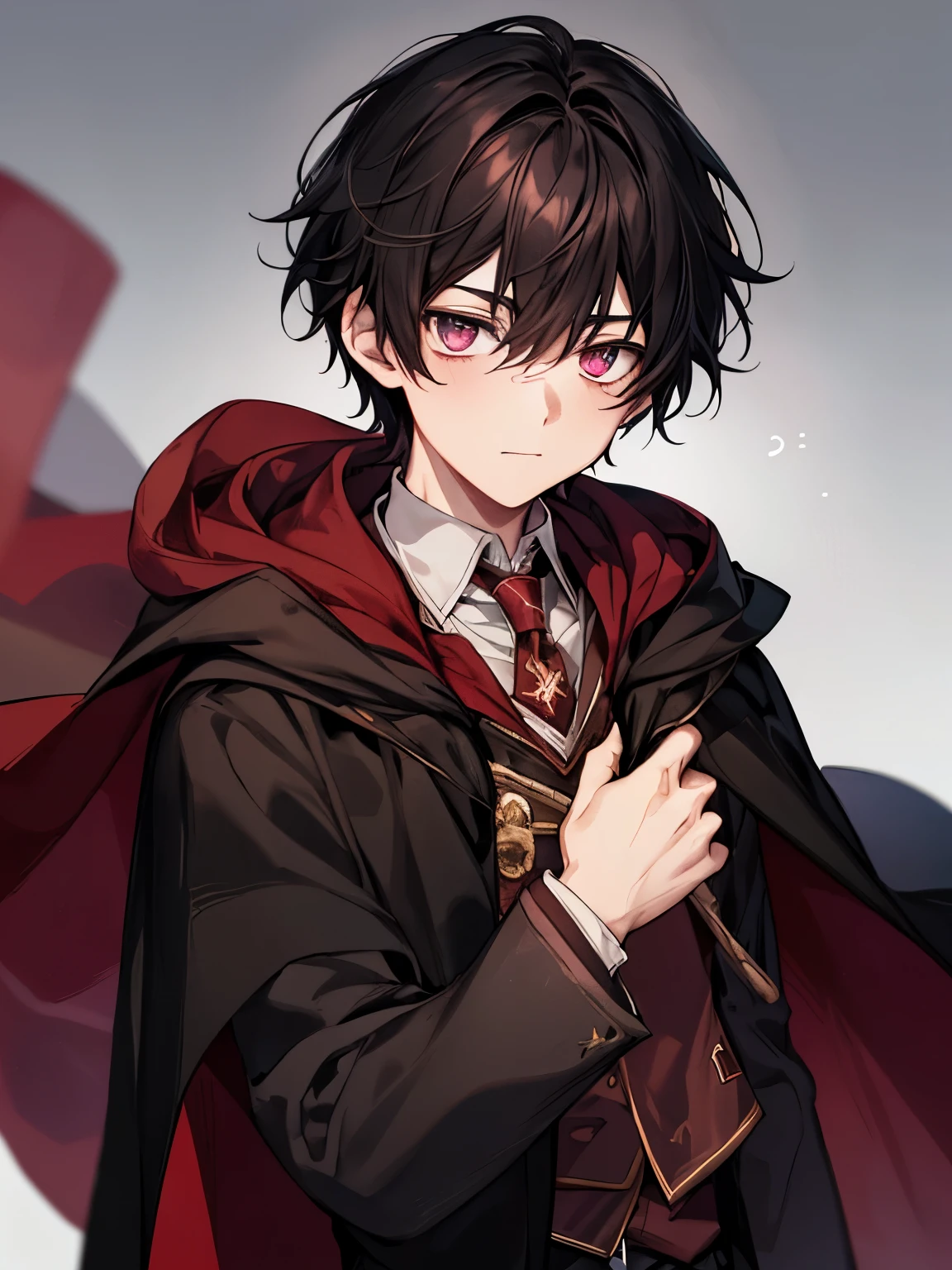 a boy dark hair and ruby eyes, wearing a hogwarts uniform with his cape