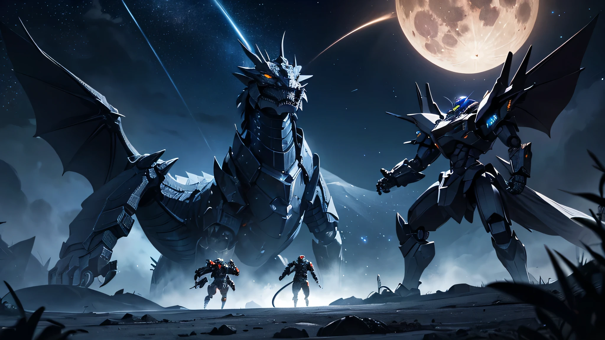 robotic dragons with metallic wings, dragons with tails, dragons with chains, flying robotic dragons, modern shiny black robot dragons of the future, bluish chrome aluminum robots, futuristic war robots, skeletal robots with muscular armor, war robots fighting , robots fighting each other, cidade futurista ao fundo, fundo de imagem escuro ou preto, fundo de imagem escura com raios e raios fortes, image background with electrical discharges, fundo de imagem estrelado escuro, noite estrelada, some planets at night , Moon behind, Lua cheia, Lua crescente, Various planets, tamanho de imagem ultra HD 1024 x 575