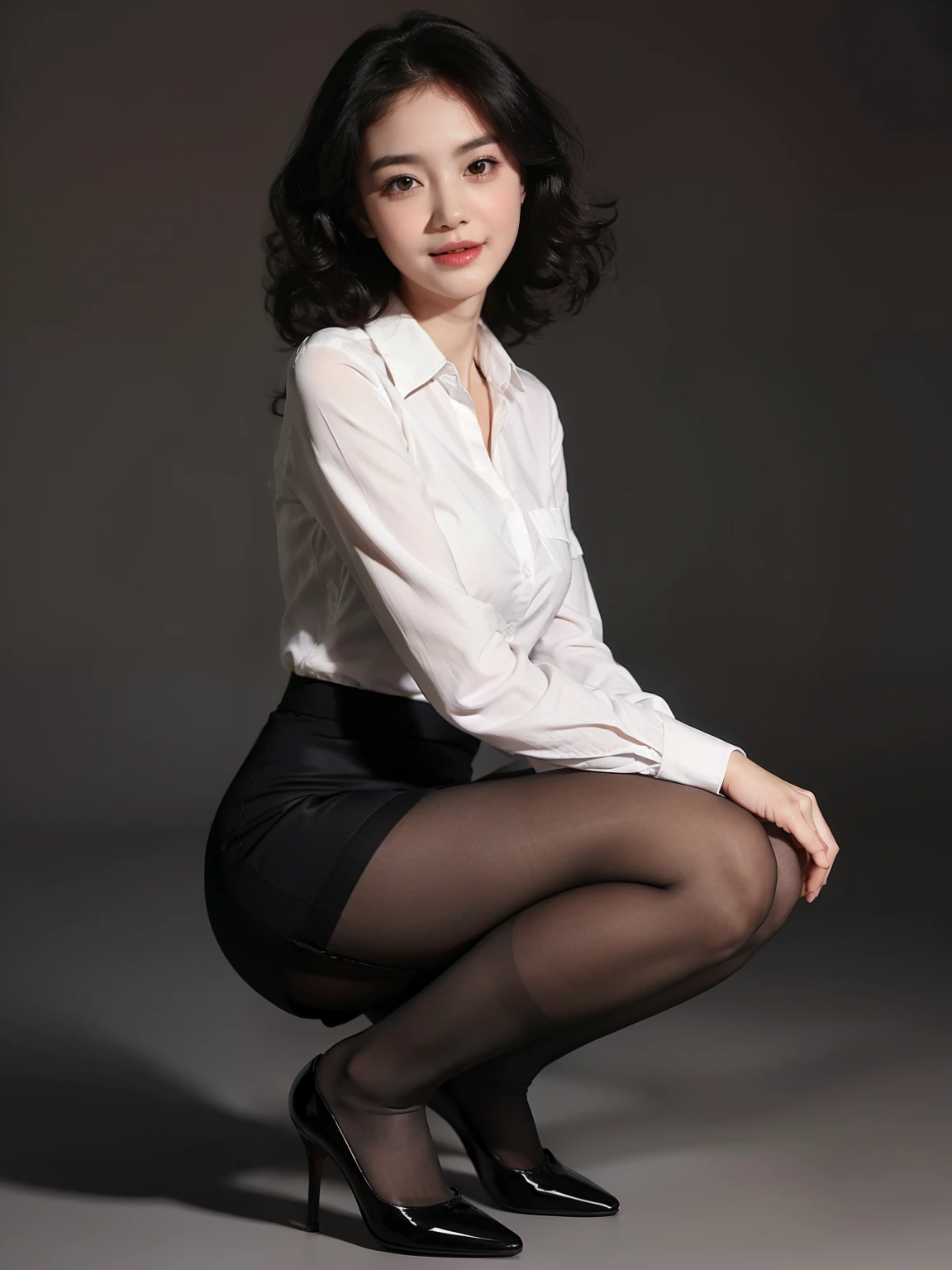 （anatomically correct:1.5)，(best quality:1.5), full body portrait, (delicate face:1.1), (pretty face:1.1), slim figure, office lady，Office wear，Collared white shirt,(curls:1.2)，(long legs:1.05)，(black_pantyhose:1.2)，squatting position，Lovely，(Smile:0.8)，(blush:1.1)