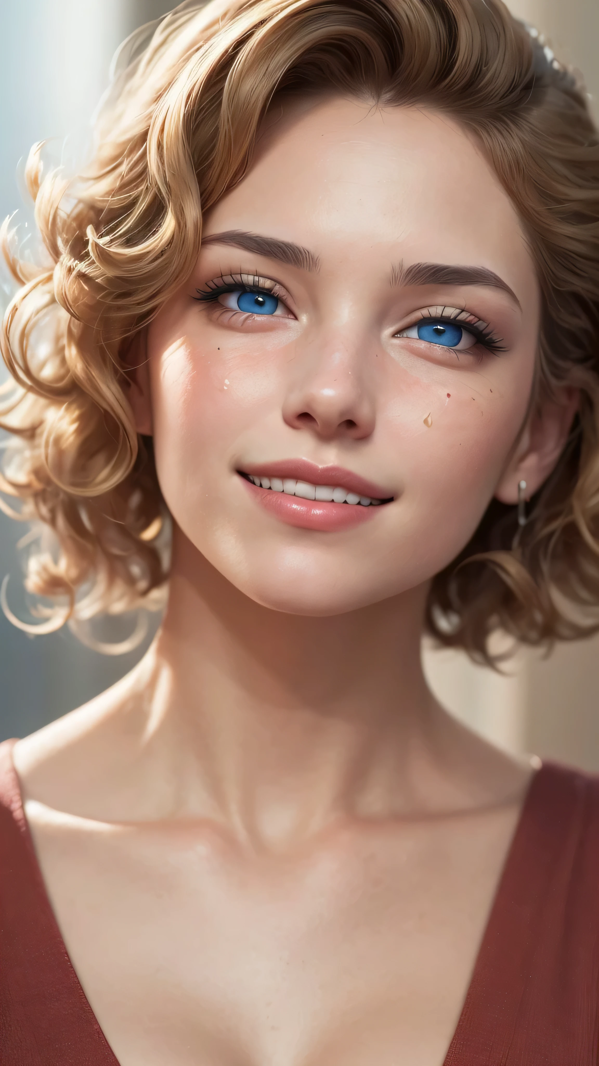 ((best quality: 1.5)) ((masterpiece: 0.8)), intricate details, sharp focus, professional, real life, realistic representation of the face, dim volumetric lighting, dynamic pose, in the style of realistic and hyper detailed renderings BREAK (detailed 30 year old woman, (((portrait, (sallow cheeks, chin up, visible skin detail), natural lips)) ice blue eyes, short blonde curly hair, ((shy, grinning)))), photorealistic, hyper-realistic, 8K