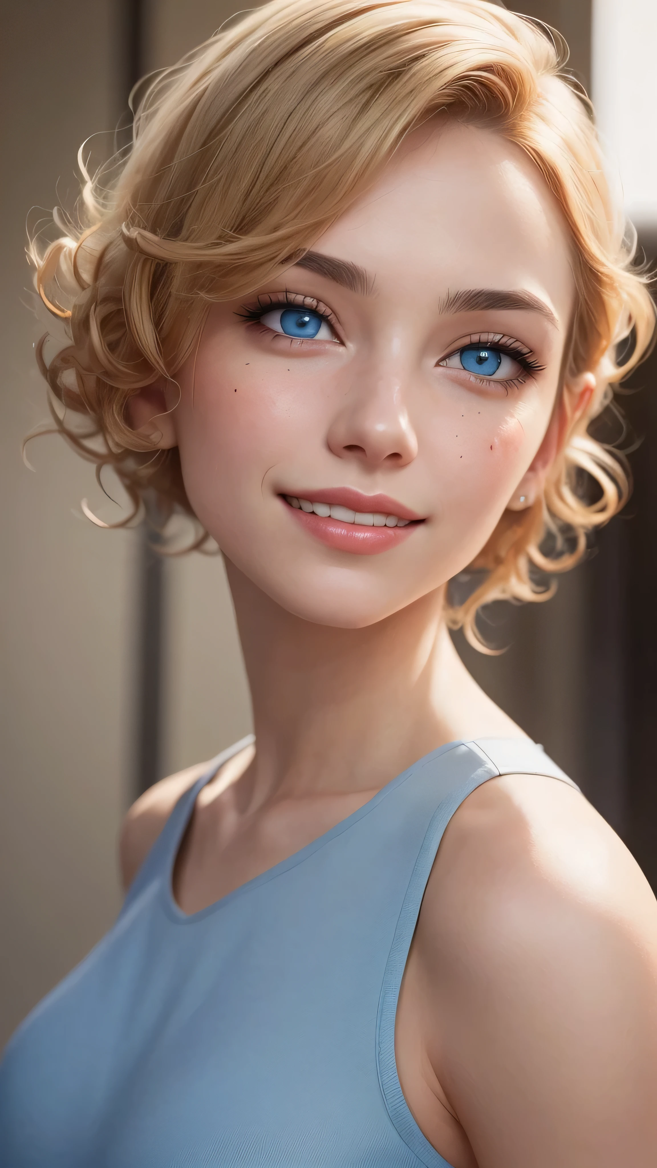 ((best quality: 1.5)) ((masterpiece: 0.8)), intricate details, sharp focus, professional, real life, realistic representation of the face, dim volumetric lighting, dynamic pose, in the style of realistic and hyper detailed renderings BREAK (detailed 30 year old woman, (((portrait, (sallow cheeks, chin up, visible skin detail), natural lips)) ice blue eyes, short blonde curly hair, ((shy, grinning)))), photorealistic, hyper-realistic, 8K