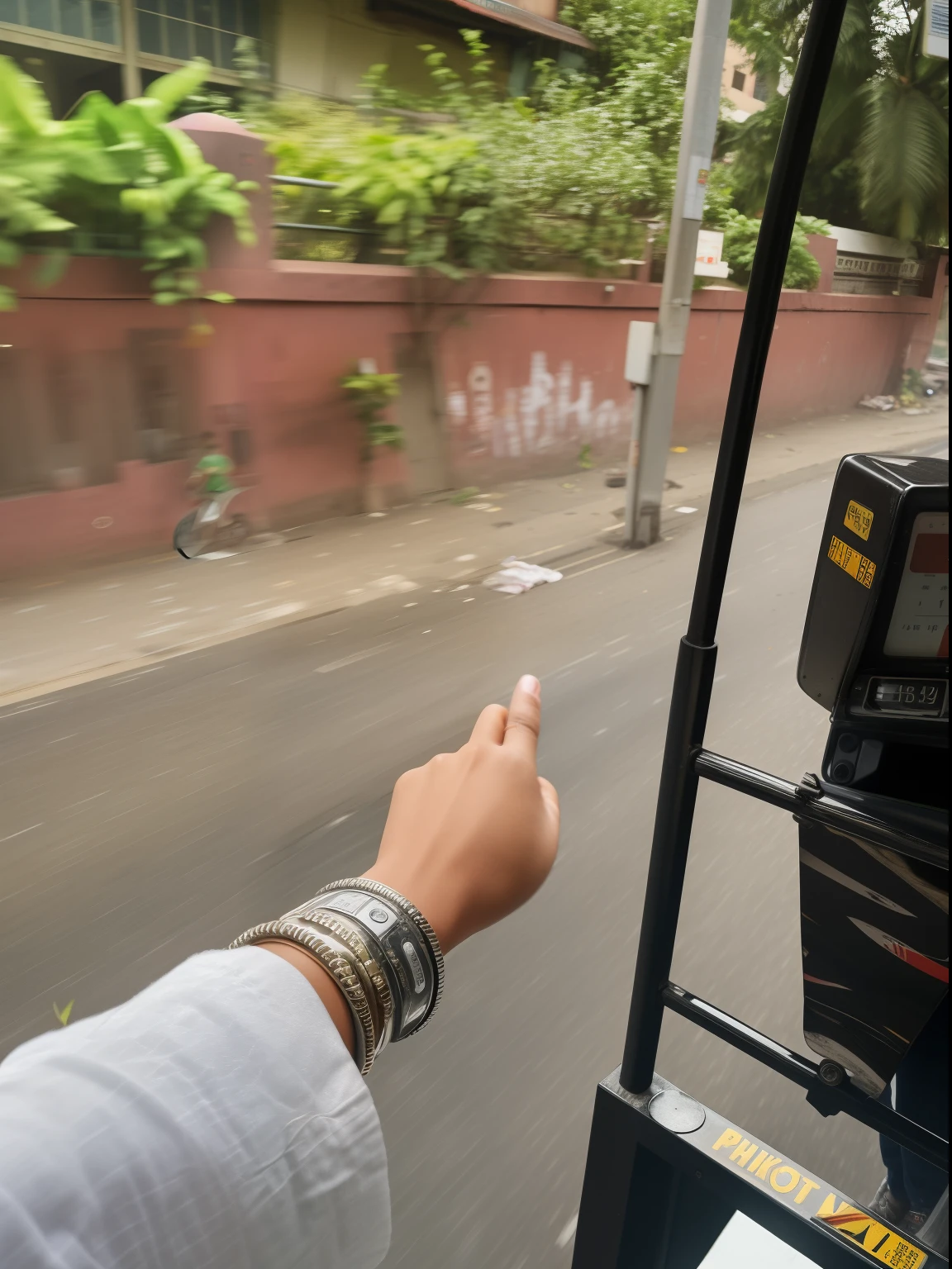 someone is pointing at a parking meter on the side of the road, riding on the road, pointing at the camera, with pointing finger, holding it out to the camera, on an indian street, wave a hand at the camera, streets of mumbai