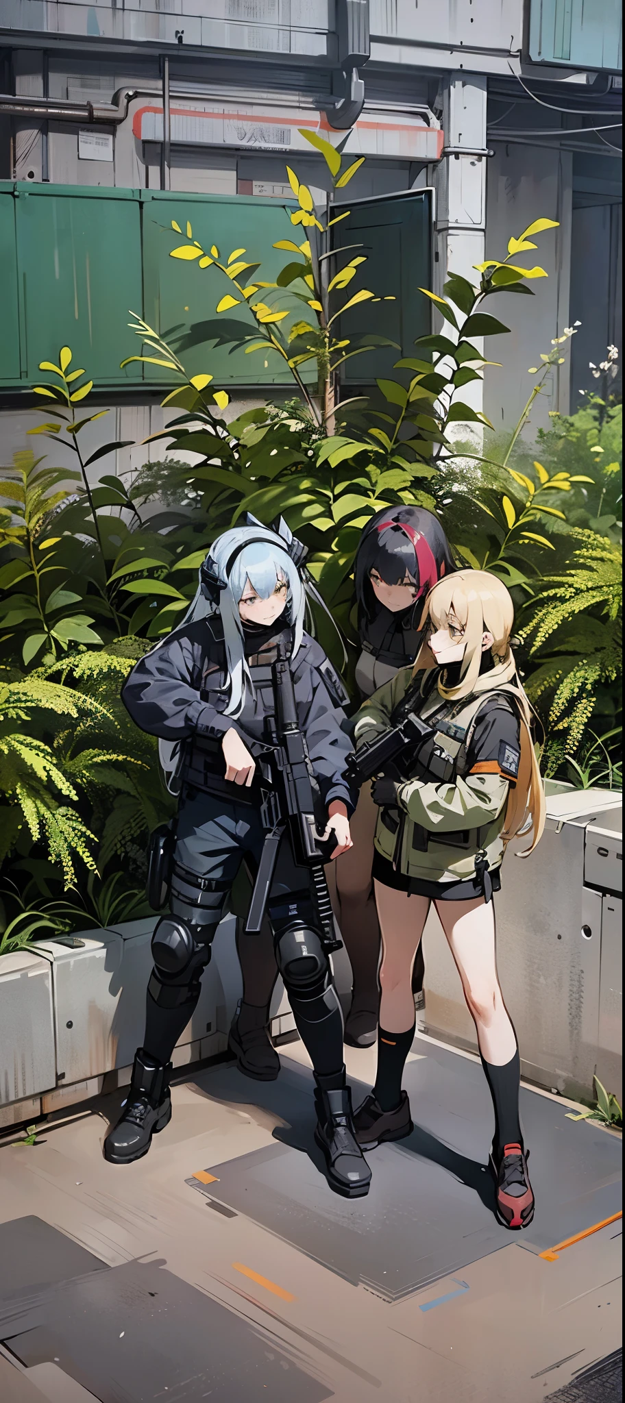 there are two people in uniform standing next to a truck, m4 sopmod ii girls frontline, cyberpunk outfits, wearing techwear and armor, in a cyberpunk garden, ready for combat, with rifle, in cyberpunk style, cyberpunk in foliage, girls frontline style, cyber punk setting, medium shot of two characters, postapocalyptic vibes