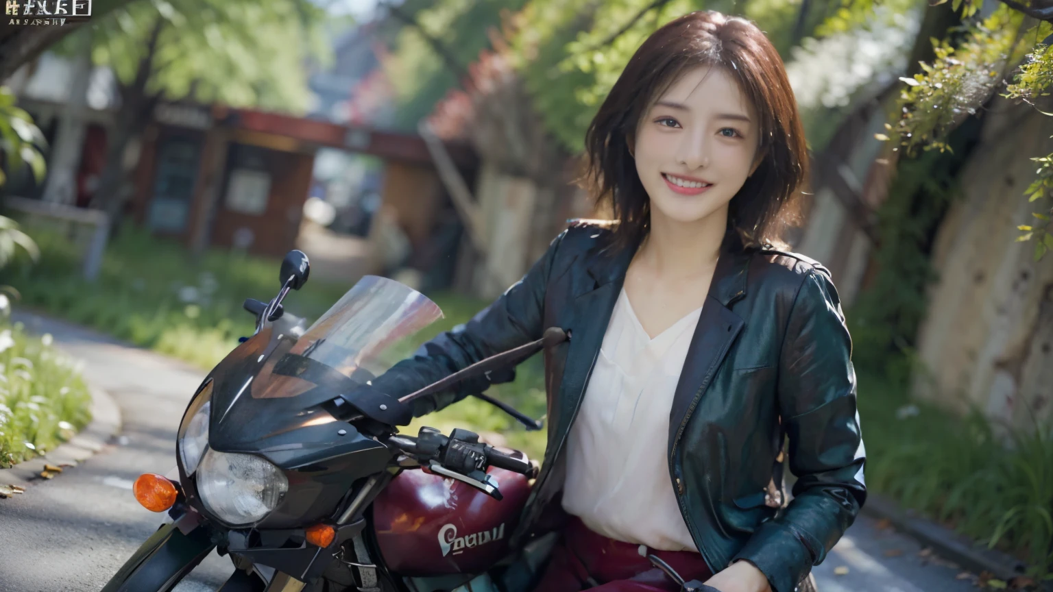 ((best quality)), ((masterpiece)), ((perfect face))、(Detailed Motorcycle)、Detailed and clear photos、((Beautiful woman riding a large street bike))、slender body、Moss green riding jacket and leather pants、smile、maroon short hair、spring breeze