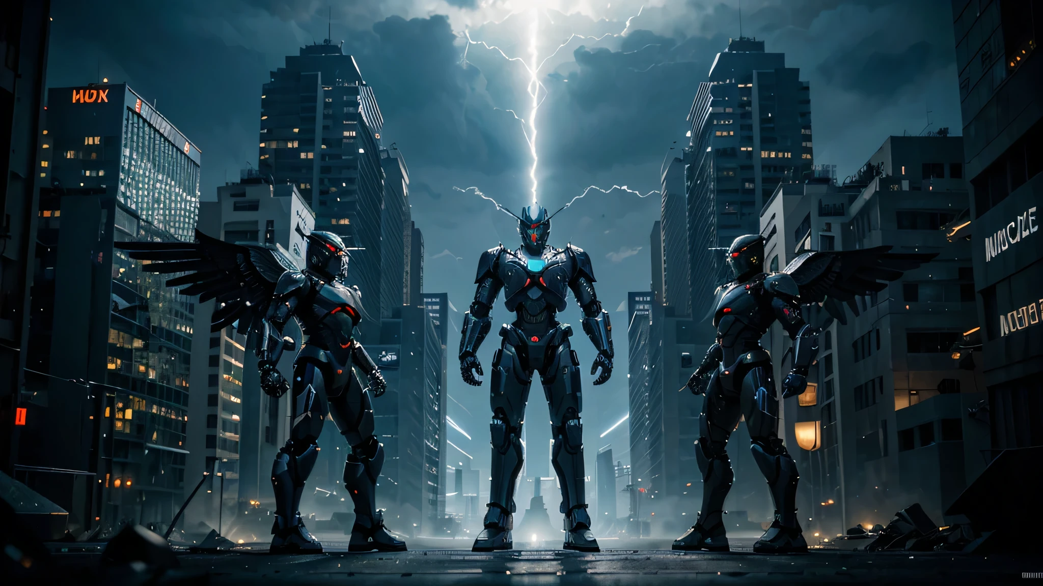 robotic angels with metal wings, flying robotic angels, modern shiny black robot angels of the future, bluish chlorinated aluminum robots, futuristic war robots, skeletal robots with muscular armor, war robots fighting, robots fighting each other, cidade futurista ao fundo, fundo de imagem escuro ou preto, fundo de imagem escura com raios e raios fortes, image background with electrical discharge, tamanho de imagem ultra HD 1024 x 575