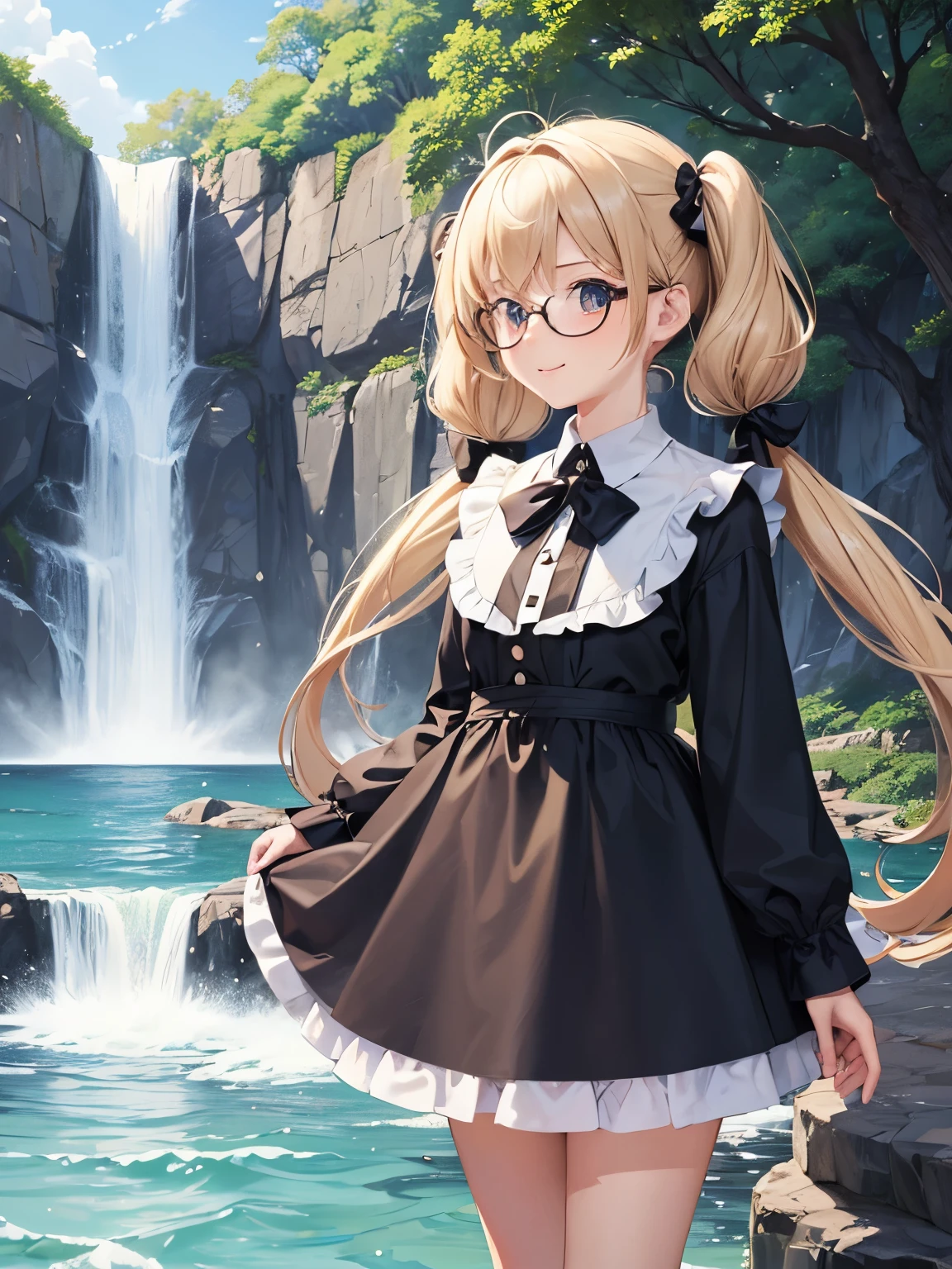 masterpiece, anime, cute, romantic, best quality, 2others, couple, mature, adult, height difference, different fashion, different color, casual clothes, long sleeves, smile, happy, love, swirling wind, blue sky, long haired man, light brown haired man, black haired woman, long haired woman, bespectacled woman, castle, waterfall ,((( petitegirl with blonde twin tails))),