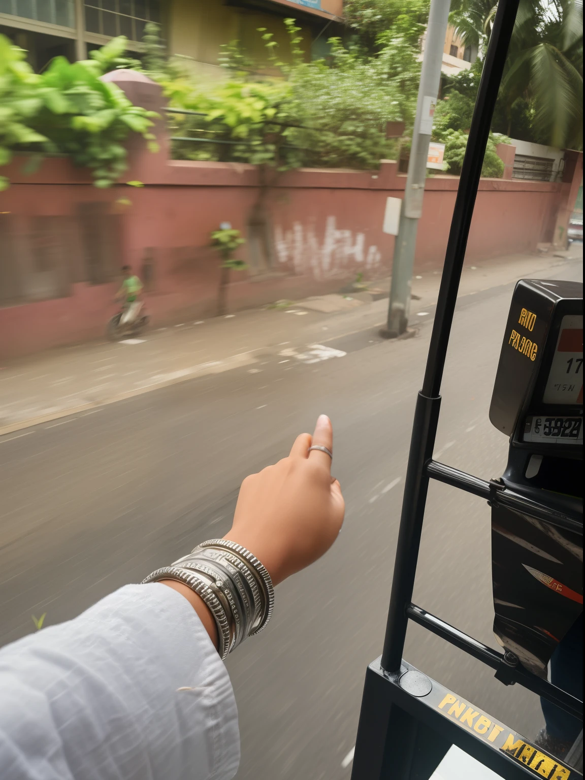 someone is pointing at a parking meter on the side of the road, riding on the road, pointing at the camera, with pointing finger, holding it out to the camera, on an indian street, wave a hand at the camera, streets of mumbai