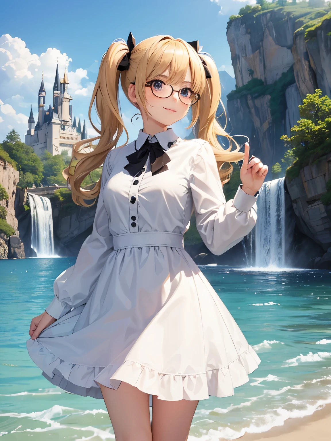 masterpiece, anime, cute, romantic, best quality, 2others, couple, mature, adult, height difference, different fashion, different color, casual clothes, long sleeves, smile, happy, love, swirling wind, blue sky, long haired man, light brown haired man, black haired woman, long haired woman, bespectacled woman, castle, waterfall ,((( petitegirl with blonde twin tails))),