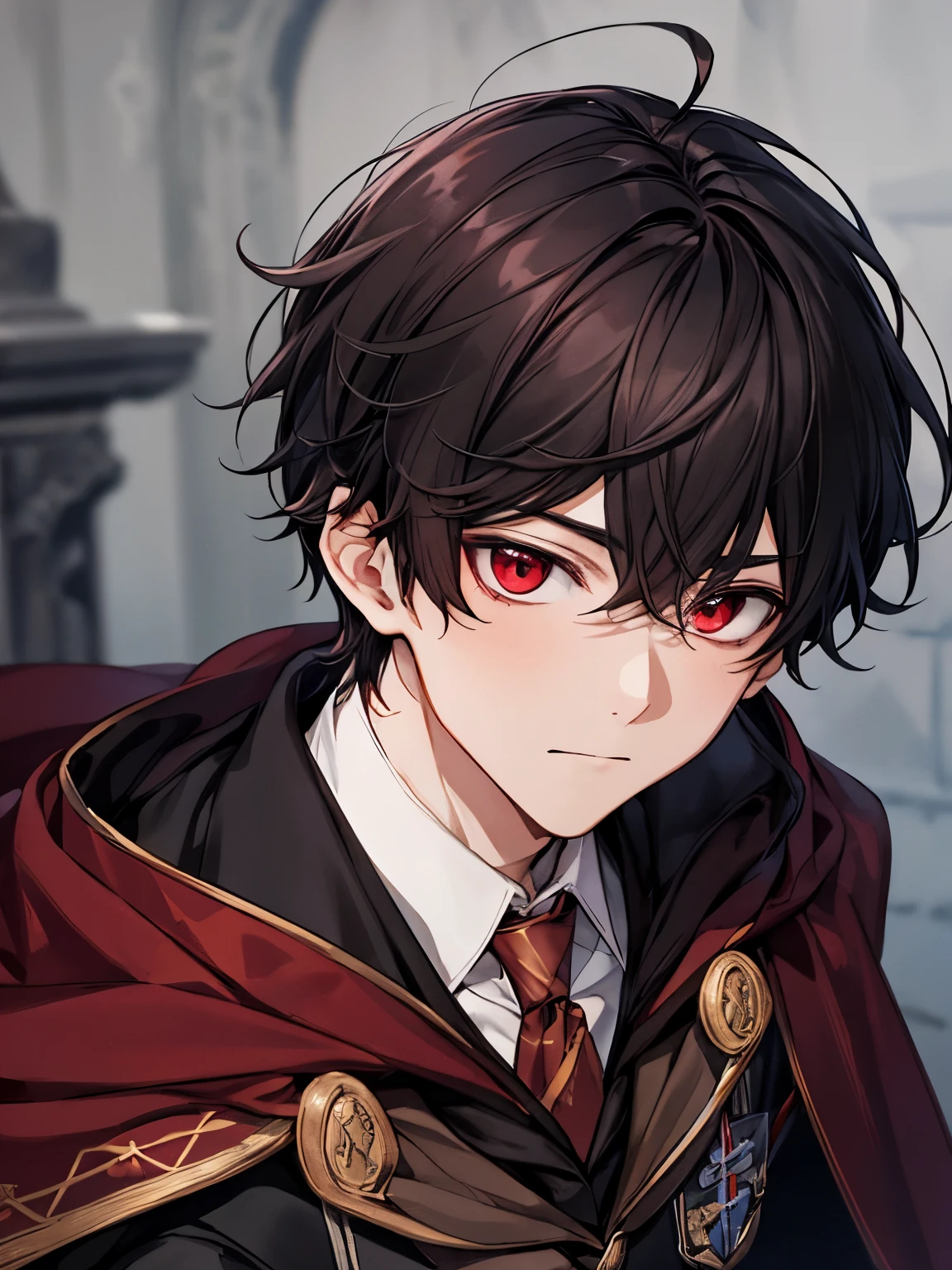a boy dark hair and red eyes, wearing a hogwarts uniform with cape