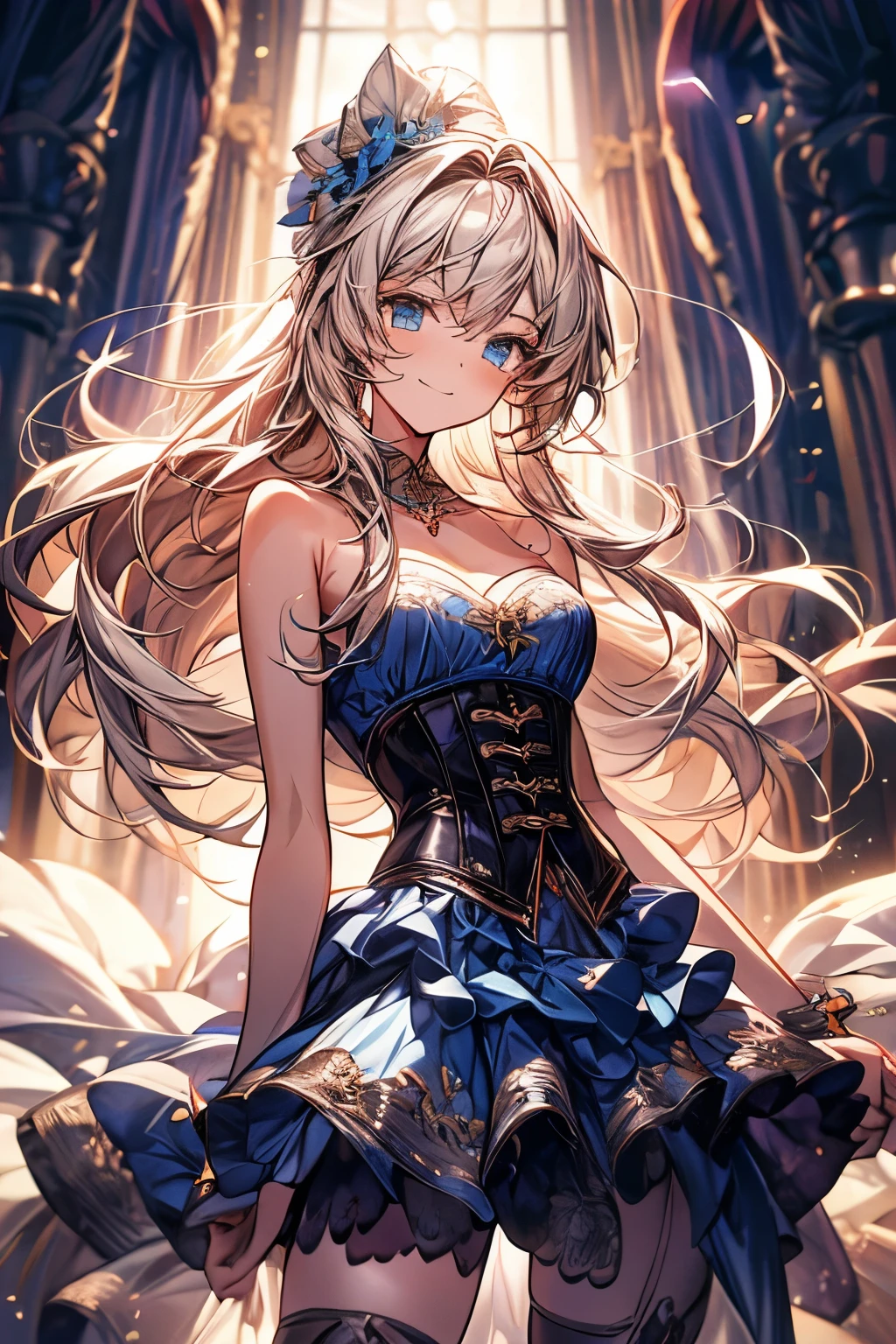 (masterpiece, best quality:1.2), cowboy shot, solo, 1girl, sheryl nome, smile, closed mouth, looking at viewer, strapless dress, corset, layered skirt, thighhighs, bare shoulders