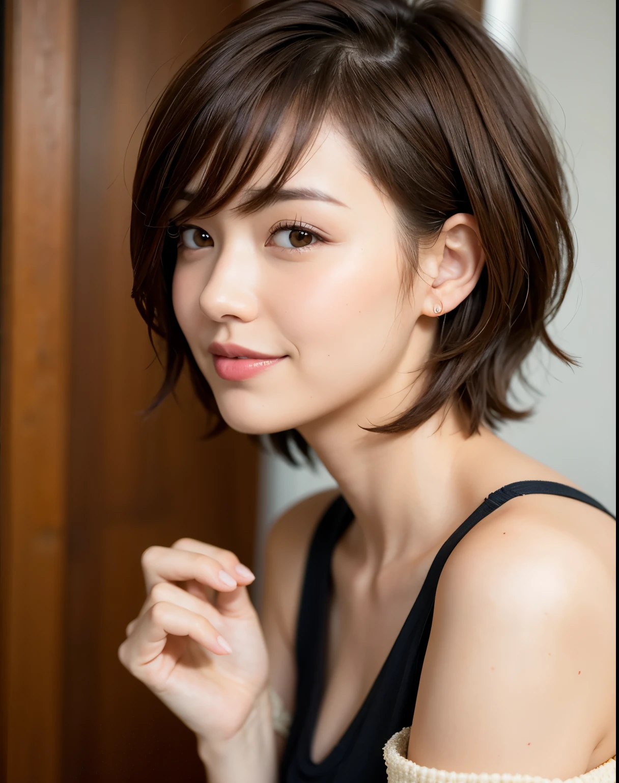 Pixie cut, very, very short hair, uneven tips, smile, brown hair