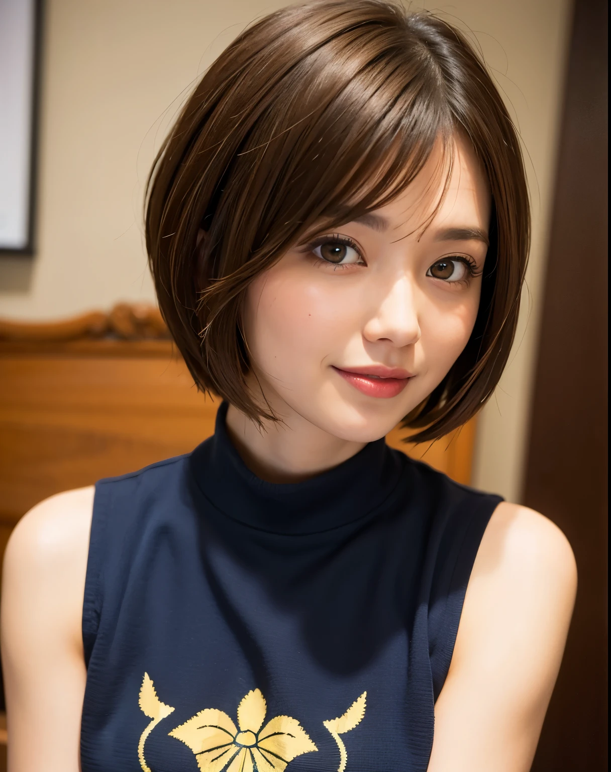 arafed woman with a Short brown hair and a blue dress, with shortヘア, with shortヘア with bangs, short~Medium Hair, Neat hairstyle with bangs, Short brown hair with bangs, Bobcut, medium shortヘア, Short brown hair, Shirahime cut hairstyle, shortヘア, Cute Hairstyles, shortヘア style, brown shortヘア