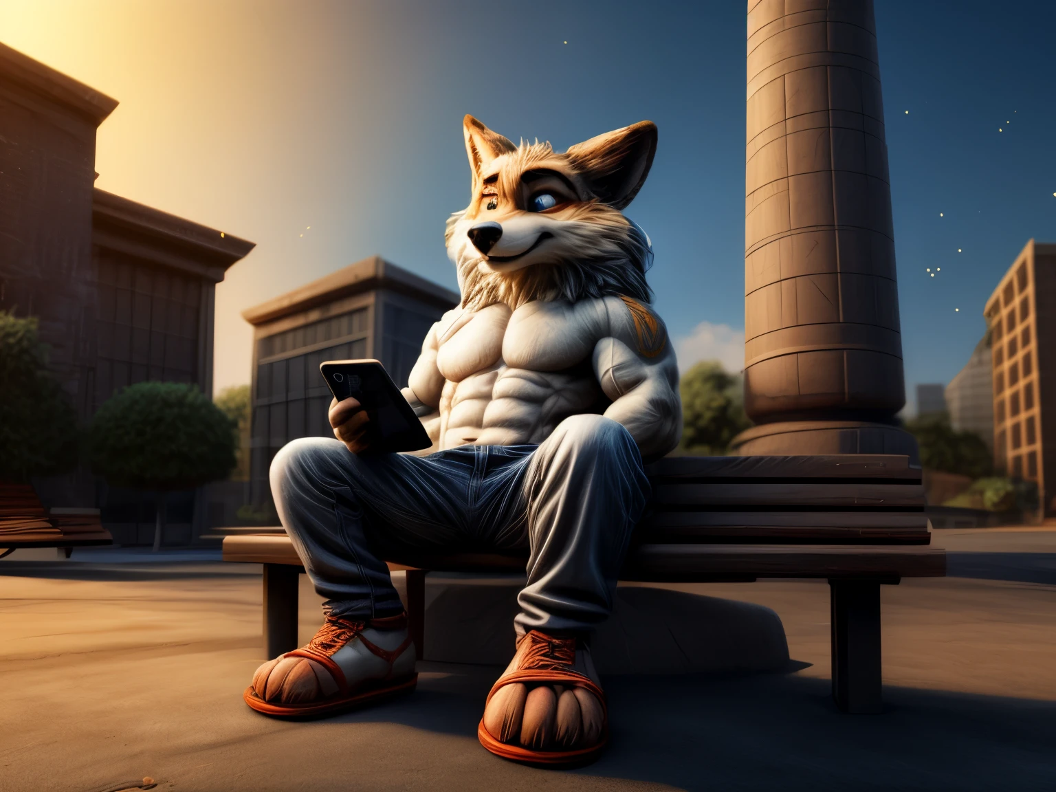 Digital art, 3d art, furry portrait, vivid colours, full body picture, full figure image, masterpiece, best quality, high resolution, brawny barefoot Gideon Grey (Zootopia, cute, beefy, chubby, male fox) in casual teens clothes (hoodie, long pants), wearing sandals, sitting on park bench, detailed nice feet with short claws, watching video on smartphone, red glow in his eyes, smiling, Earplug Headphones. detailed background, anatomically correct, 8k, (wide dynamic range, dynamic angles and pose:1.2), sharp, focused, (DOA):1.23, (Particle),（author：by Jackaloo）