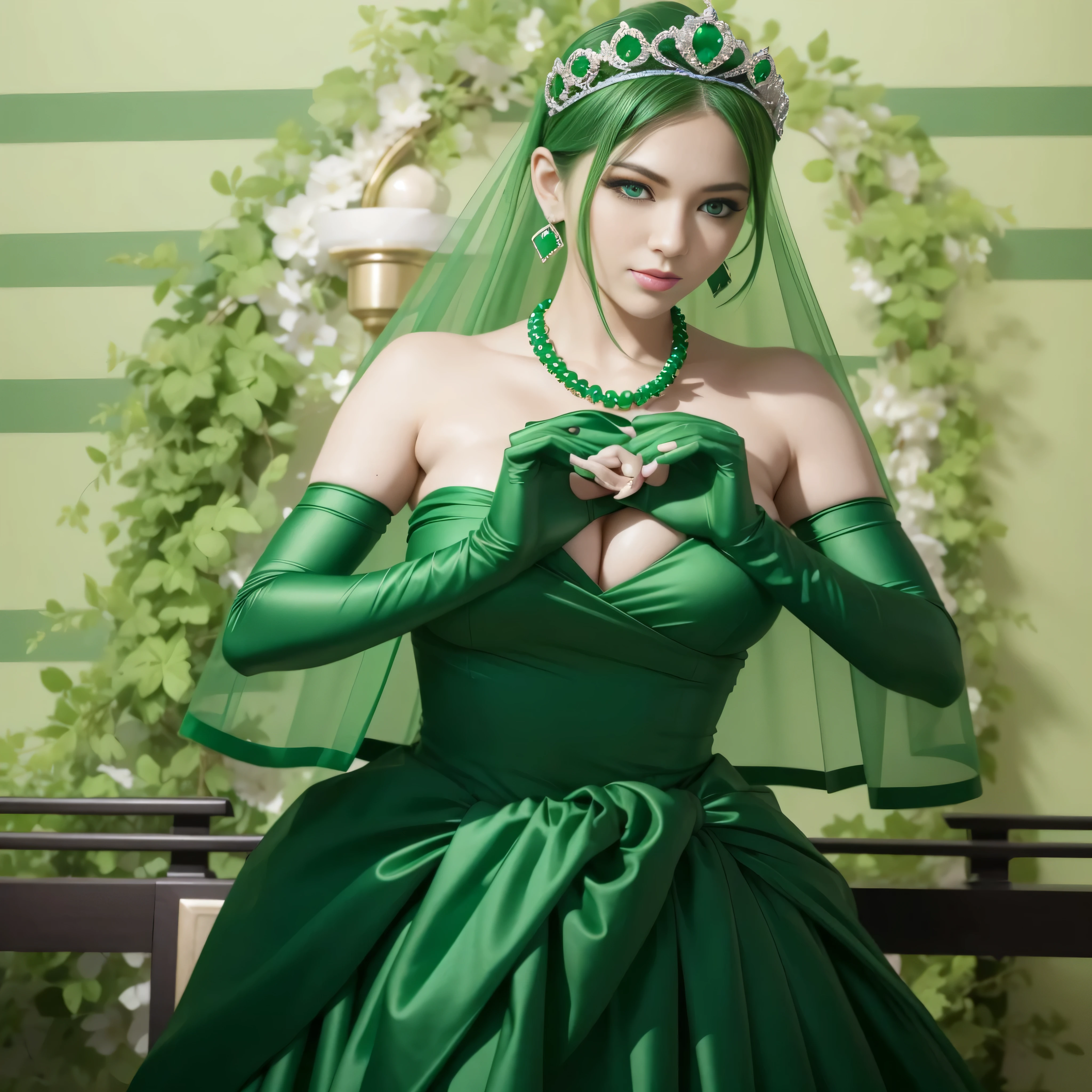 emerald tiara, green pearl necklace, ボーイッシュな非常に短いgreen hair, lipstick, green eyesの笑顔の30代女性, very short hair, Beauty with large breasts, green eyes, Long Green Satin Gloves, green eyes, emerald earrings, green veil, heart with both hands, green hair, green eyesの30代美人女性, heart shaped hand:1.3