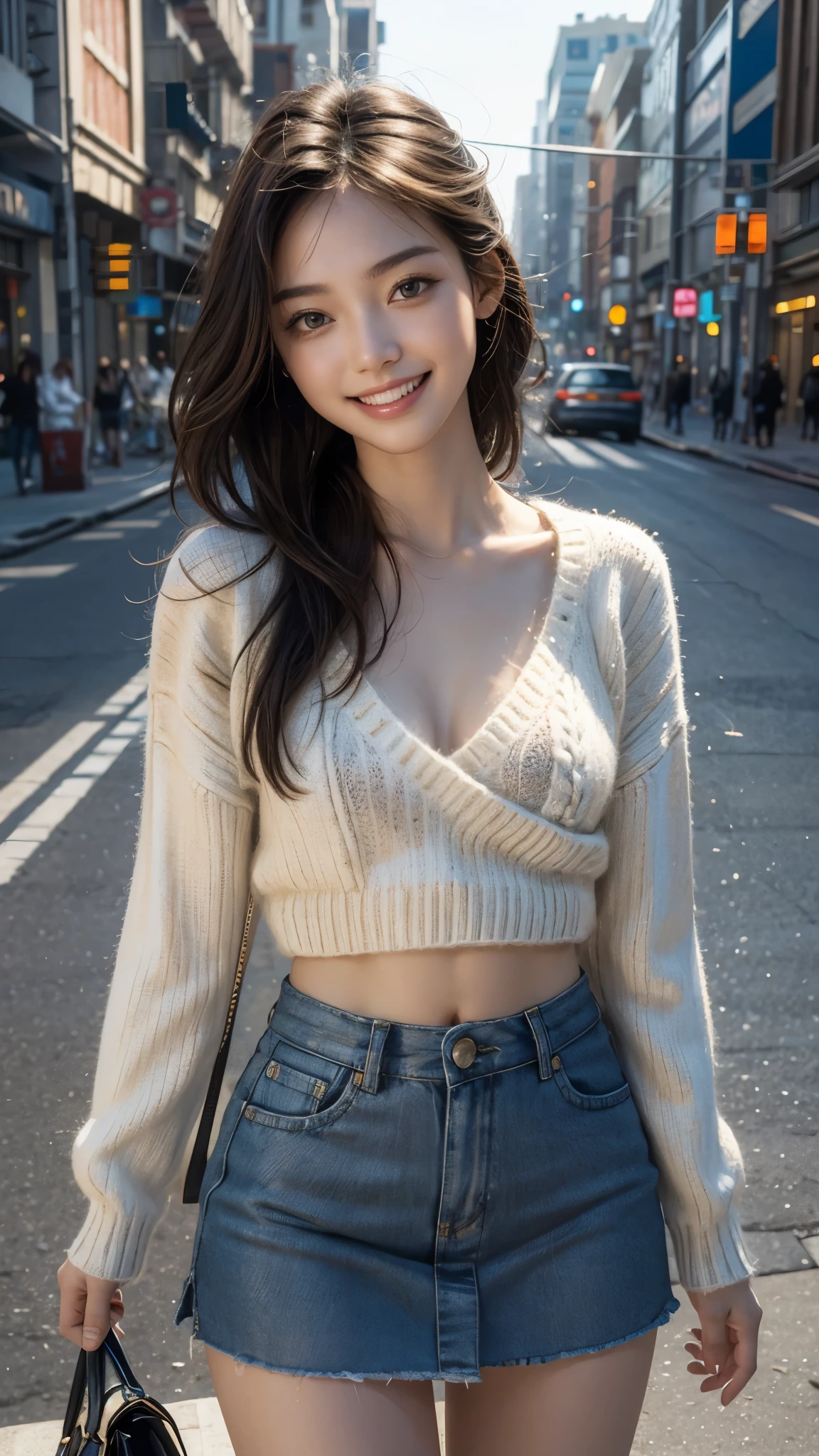 highest quality, masterpiece, ultra high resolution,contrast,vivid colors,detailed face,detailed eyes,City of night,city lights,Street lamp lighting, (realistic:1.4), (close portrait) RAW photo, 1 girl, 22 years old semi-long hair wolf cut,((top down view))((upper grade)), ((knit mini skirt))),(((knit sweater))),masterpiece, realistic pictures, japanese pictures, fuji negative film, saturation, contrast, Pocari Sweat Advertisement ((small breasts)),((smile showing teeth)),