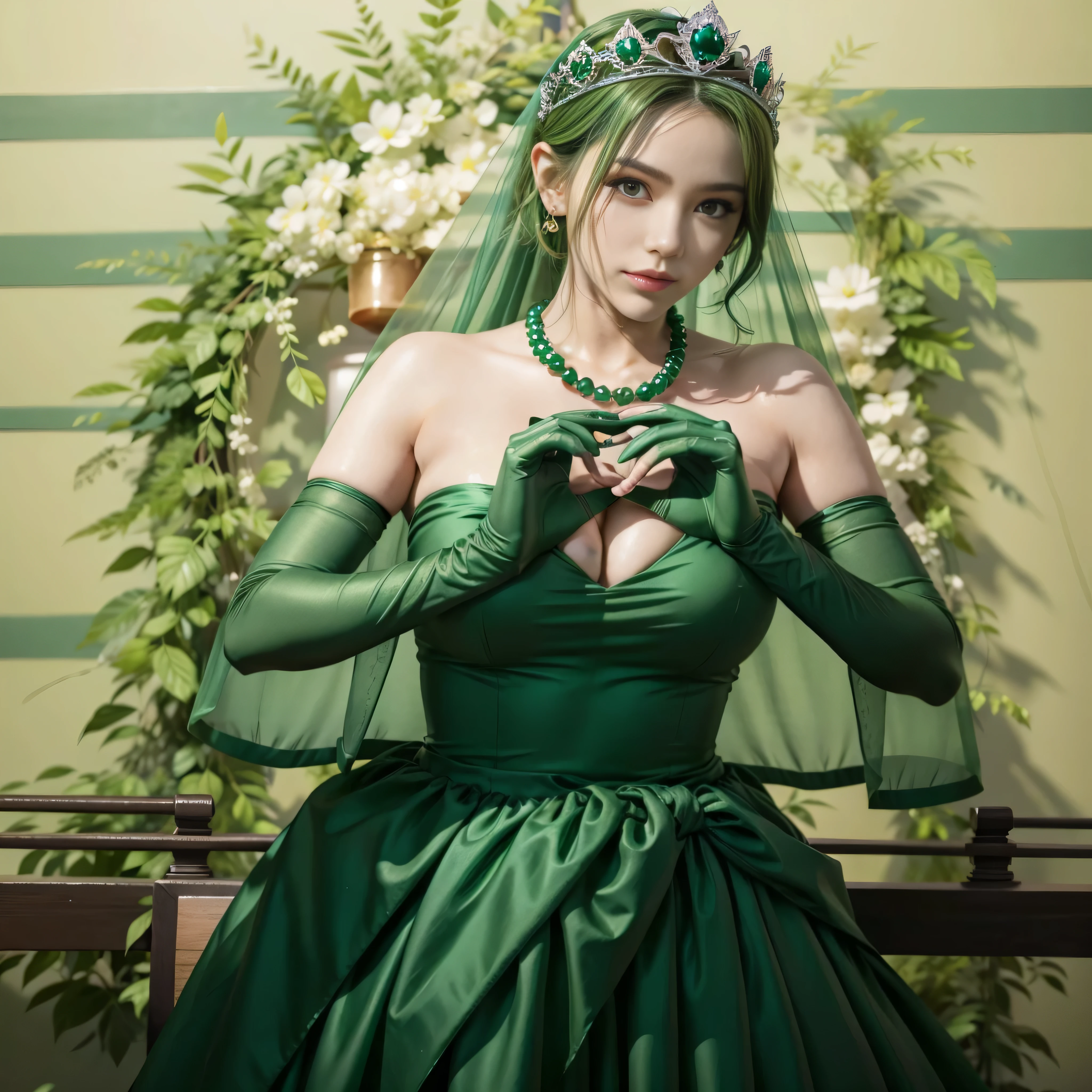 emerald tiara, green pearl necklace, ボーイッシュな非常に短いgreen hair, lipstick, green eyesの笑顔の30代女性, very short hair, Beauty with large breasts, green eyes, Long Green Satin Gloves, green eyes, emerald earrings, green veil, heart with both hands, green hair, green eyesの30代美人女性, heart shaped hand:1.3