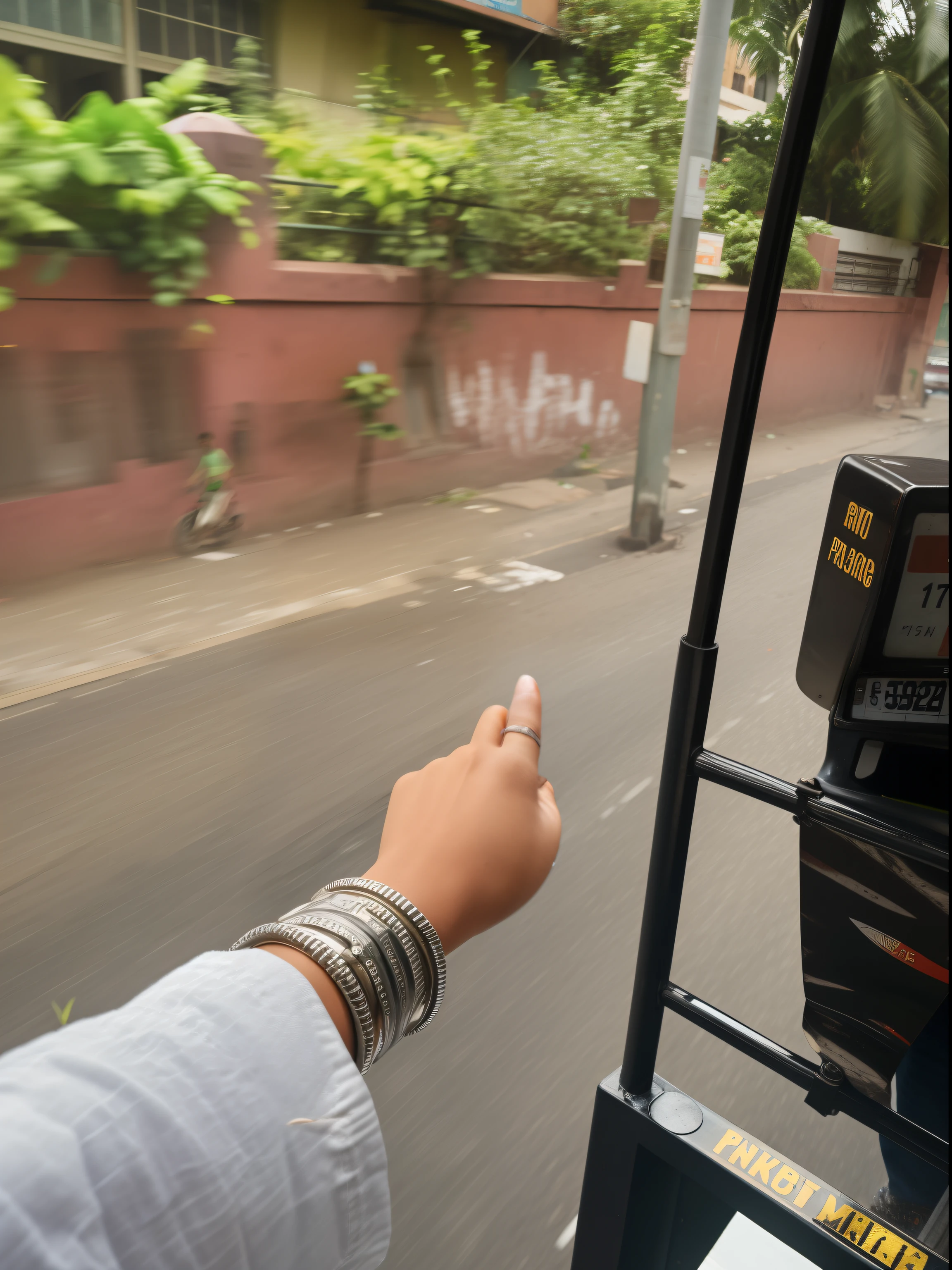 someone is pointing at a parking meter on the side of the road, riding on the road, pointing at the camera, with pointing finger, holding it out to the camera, on an indian street, wave a hand at the camera, streets of mumbai