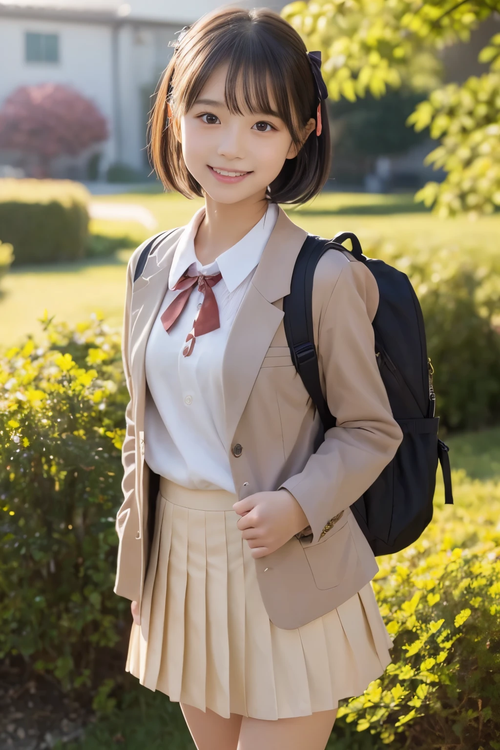 (((masterpiece，8K，highest quality, very detailed)))，Coming running，(one beautiful girl，innocence，cute)，((baby face、Childish，cute10歳の美少女))，Real Gravure Idol，super detailed face、detailed lips、detailed eye、enjoying，((boyish short hair:1.37))，((brown long sleeve blazer, Red Neck Ribbon，light brown pleated mini skirt，Japanese high school uniform with the school emblem on the chest))，Joyful，Excited，rosy cheeks，cozy atmosphere，magic moment，happy memories，love and laughter，small breasts，small ass，slender body shape，low length，A smile that makes you want to hug me，warm air，anatomically accurate，movie lighting，Love overflows，I like you，Natural light，autumn scenery，Beautiful autumn leaves，blue and high sky，Feeling of sprinting，Pose with movement
