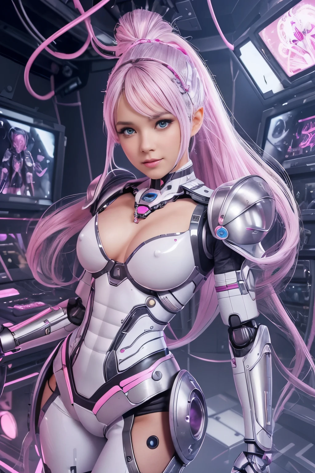 (NSFW:1.2),(highest quality, High resolution, pieces fly:1.2), Super detailed, realistic:1.37, (perfect anatomy),1 girl, full body portrait, Cyborg remodeling surgery,Brainwashed,lots of cables,Lots of tubes, Inside the operating room,Measuring machine,cowboy shot, Cute and beautiful 22 year old American woman,Modified into a cute robot,standing posture,laughter,beautiful eyes,beautiful skin, detailed facial features, complicated hair, Detail of cute robot armor made of futuristic pink and white polymer and boots with futuristic design: metal necklace,futuristic hair ornament, attractive idol makeup,Silver Ponytail,cute pose,cyber lab