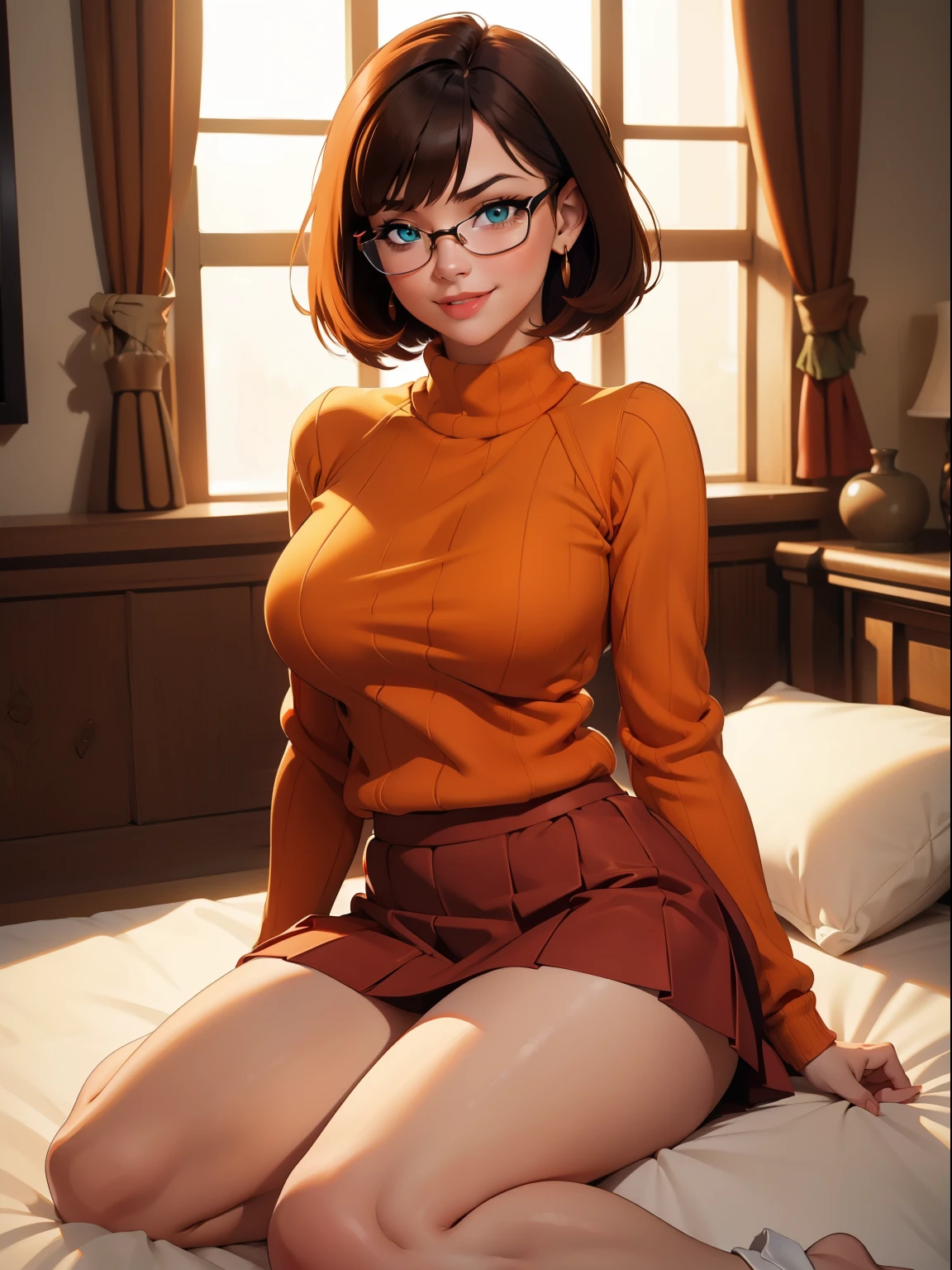 HD, 8k quality, masterpiece, Velma, (1girl, solo girl) dream girl, huge breasts, beautiful face, kissing lips, short bob straight hairstyle, long bangs, perfect makeup, realistic face, detailed eyes, jade green eyes, brunette hair, eyelashes, bedroom, sitting on bed, eyes at viewer, ((orange sweater)), turtleneck sweater, clear lens glasses, ((red skirt)),  skirt NSFW, lip biting, grin, white panties, full body,