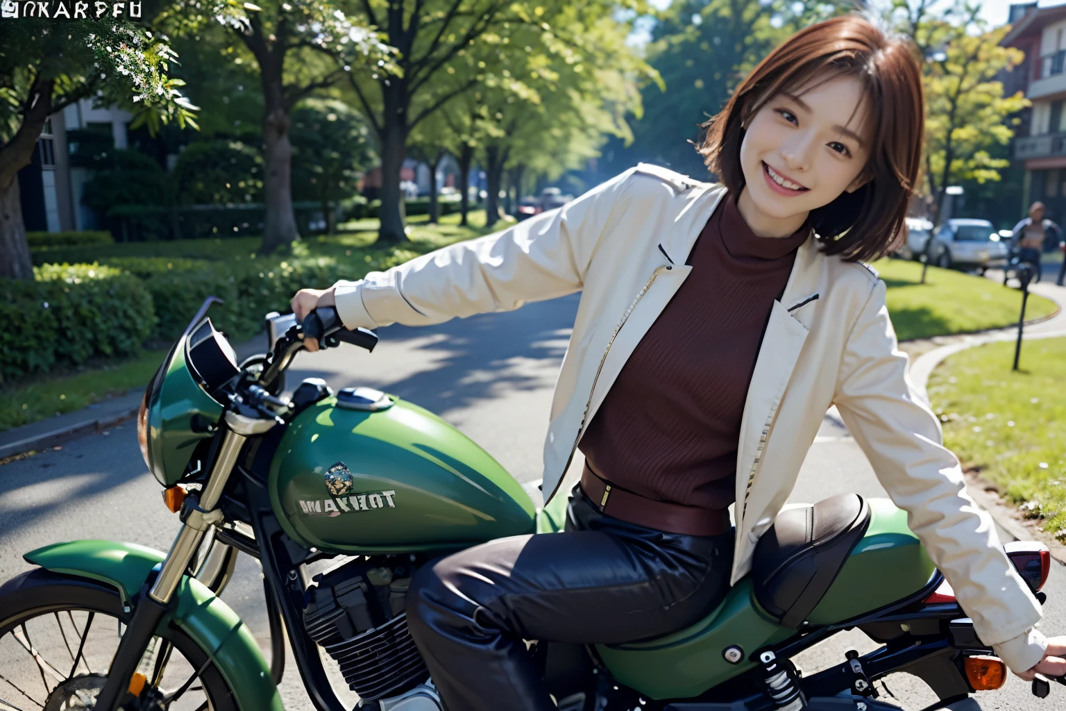 ((best quality)), ((masterpiece)), ((perfect face))、(Detailed Motorcycle)、Detailed and clear photos、((Beautiful woman riding a large street bike))、slender body、Moss green riding jacket and leather pants、smile、maroon short hair、spring breeze