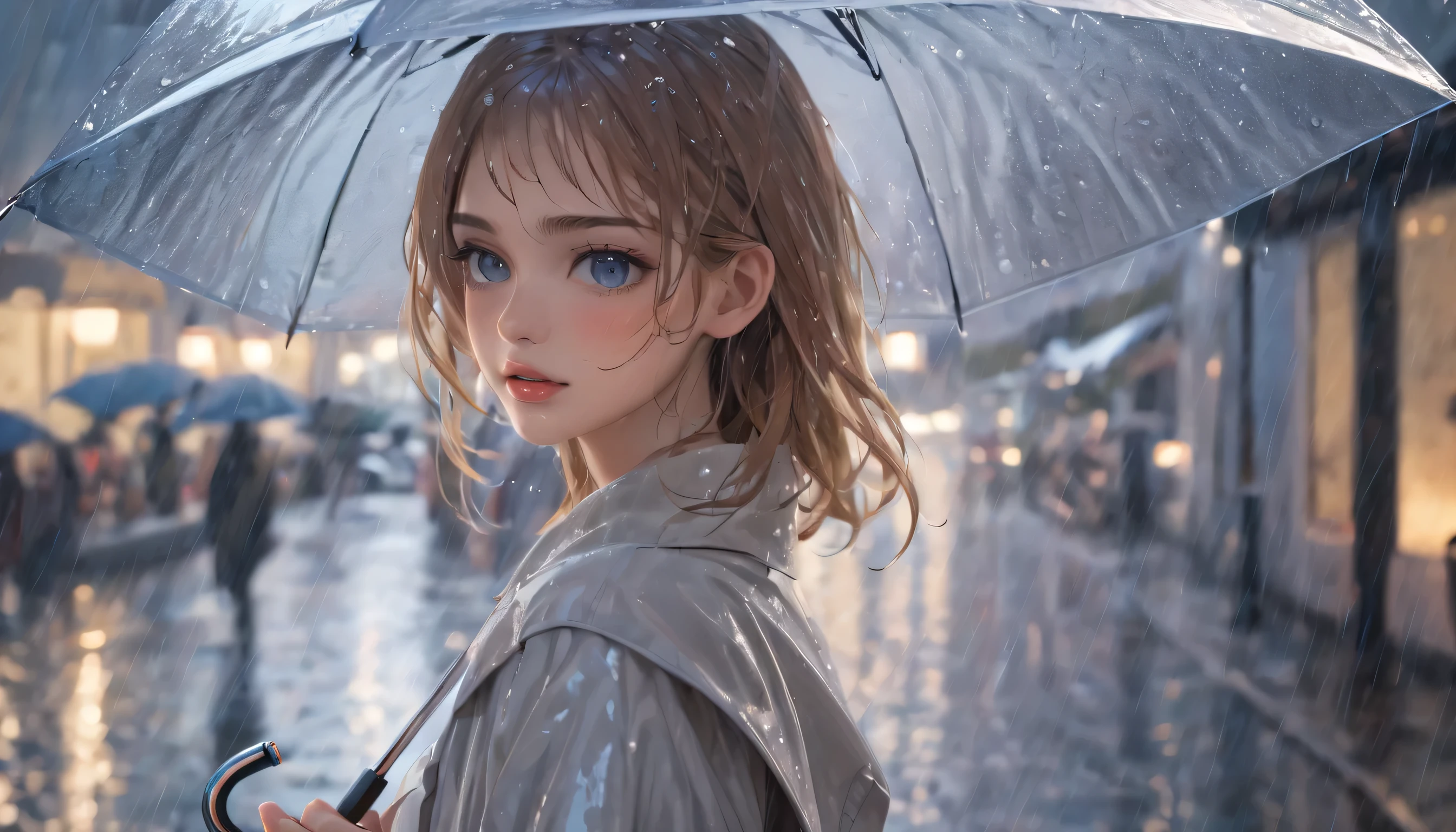 (best quality,4k,8k,highres,masterpiece:1.2),ultra-detailed,(realistic,photorealistic,photo-realistic:1.37),rainy day,beautiful woman,sparkling raindrops,freshly wetted skin,soaked hair,vibrant colors,wet atmosphere,dramatic lighting,romantic mood,gentle rain,soft background music,elegant umbrella,reflections on wet ground,serene expression,graceful posture,cityscape in the background,raindrops on her clothing,subtle mist in the air,calm and peaceful scenery,ethereal beauty,shimmering water droplets,subtle motion in the rain,delicate eyelashes,shiny lips,expressive eyes,dynamic composition,artistic portrait,carefully crafted details