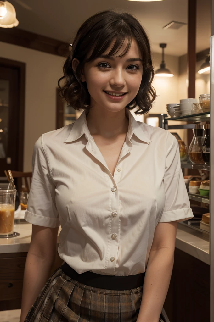 best quality,8k,masterpiece:1.2,photo-realistic:1.37,ultra-detailed,1 girl,cute,solo,beautiful detailed cafe,night,smile,medium-breasted,beautiful detailed eyes,collared shirt,skirt,short hair,ringlets