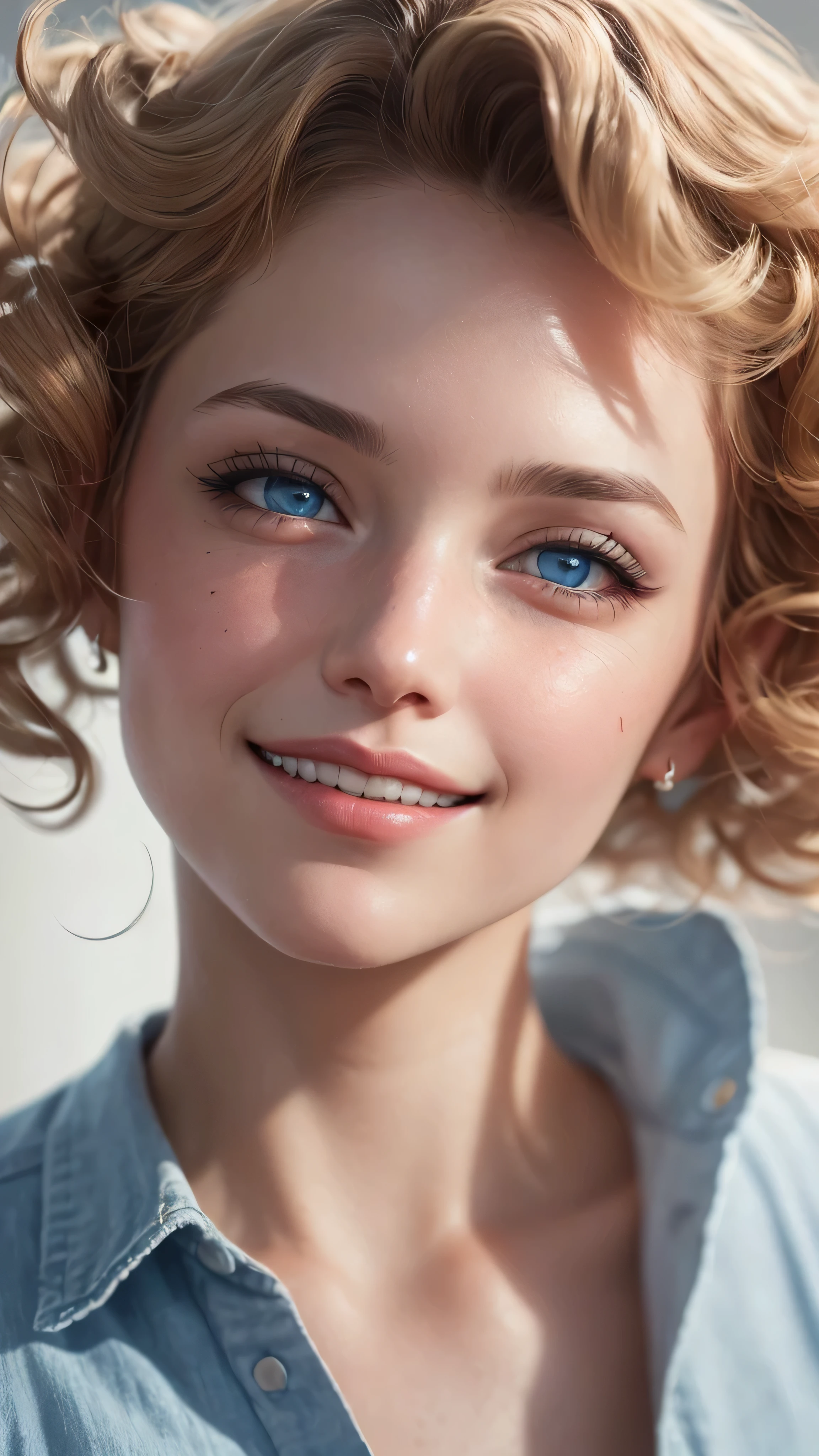 ((best quality: 1.5)) ((masterpiece: 0.8)), intricate details, sharp focus, professional, real life, realistic representation of the face, dim volumetric lighting, dynamic pose, in the style of realistic and hyper detailed renderings BREAK (detailed 30 year old woman, (((portrait, (sallow cheeks, chin up, visible skin detail), natural lips)) ice blue eyes, short blonde curly hair, ((shy, grinning)))), photorealistic, hyper-realistic, 8K